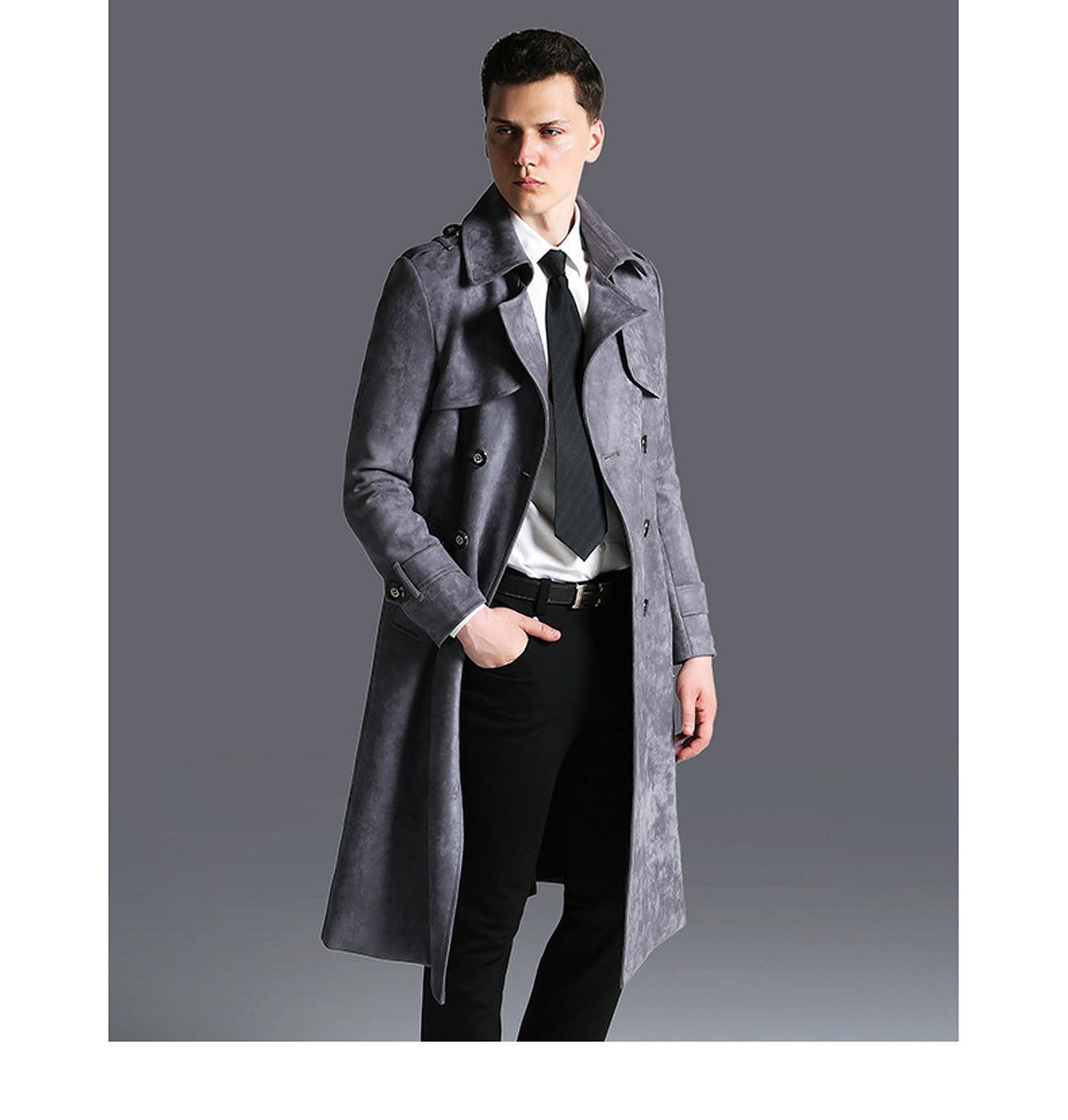 Suede Men's Solid Color Trench Coat - enhanced image 5
