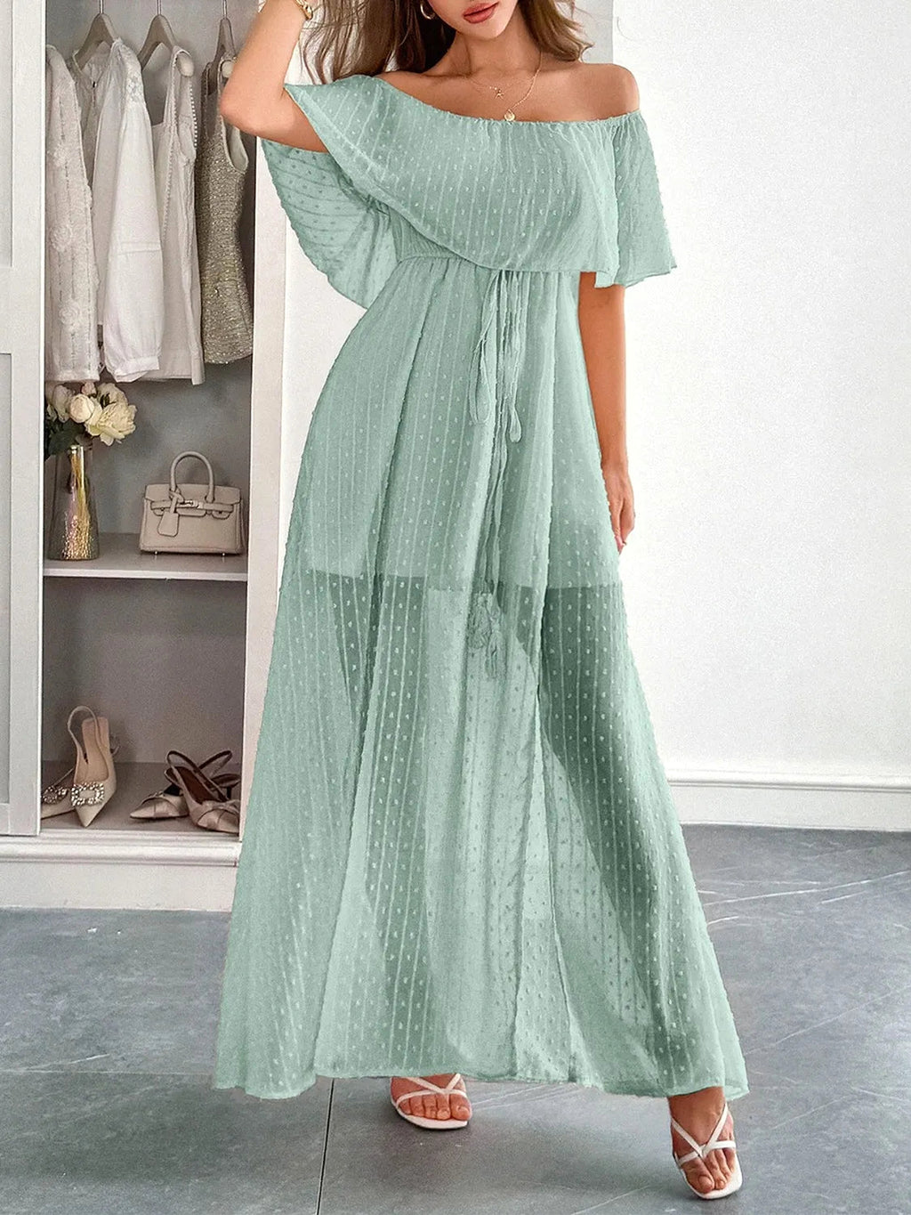 Swiss Dot Off Shoulder Maxi Dress - enhanced image 5