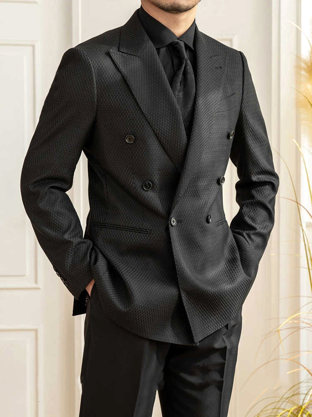 Texture Black Plaid Suit Commute Leisure - enhanced image 5