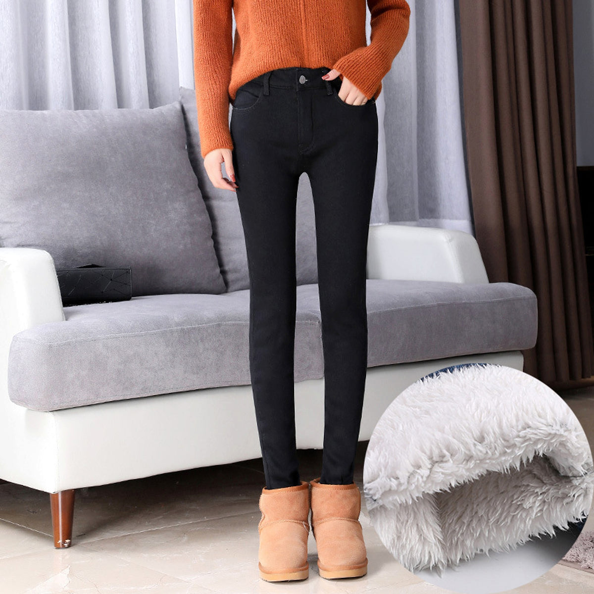 Thick lamb cashmere fashion stretch jeans women - enhanced image 5