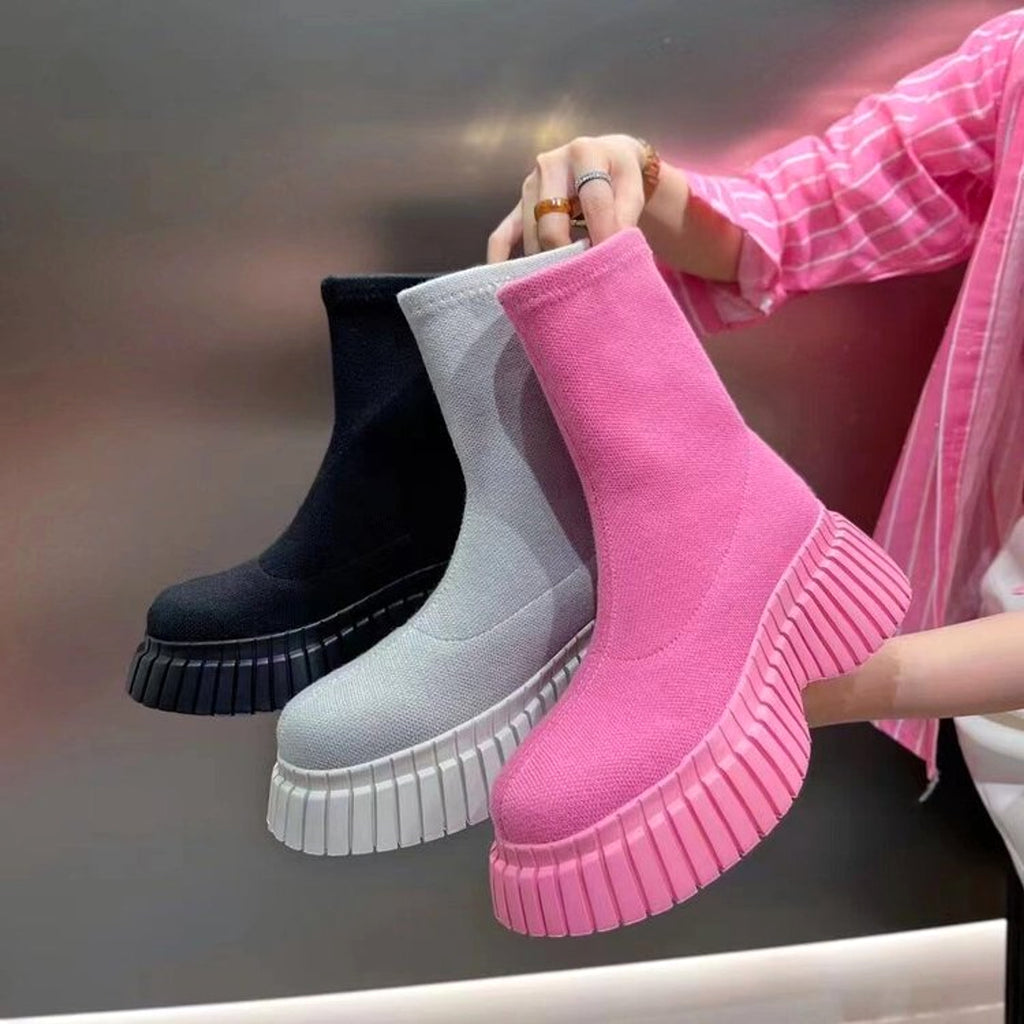 Thick Sole Long Boots Solid Color New Fashion Trendy Fly-woven Elastic Shoes Women's Winter FootwearHigh Boots - enhanced image 5