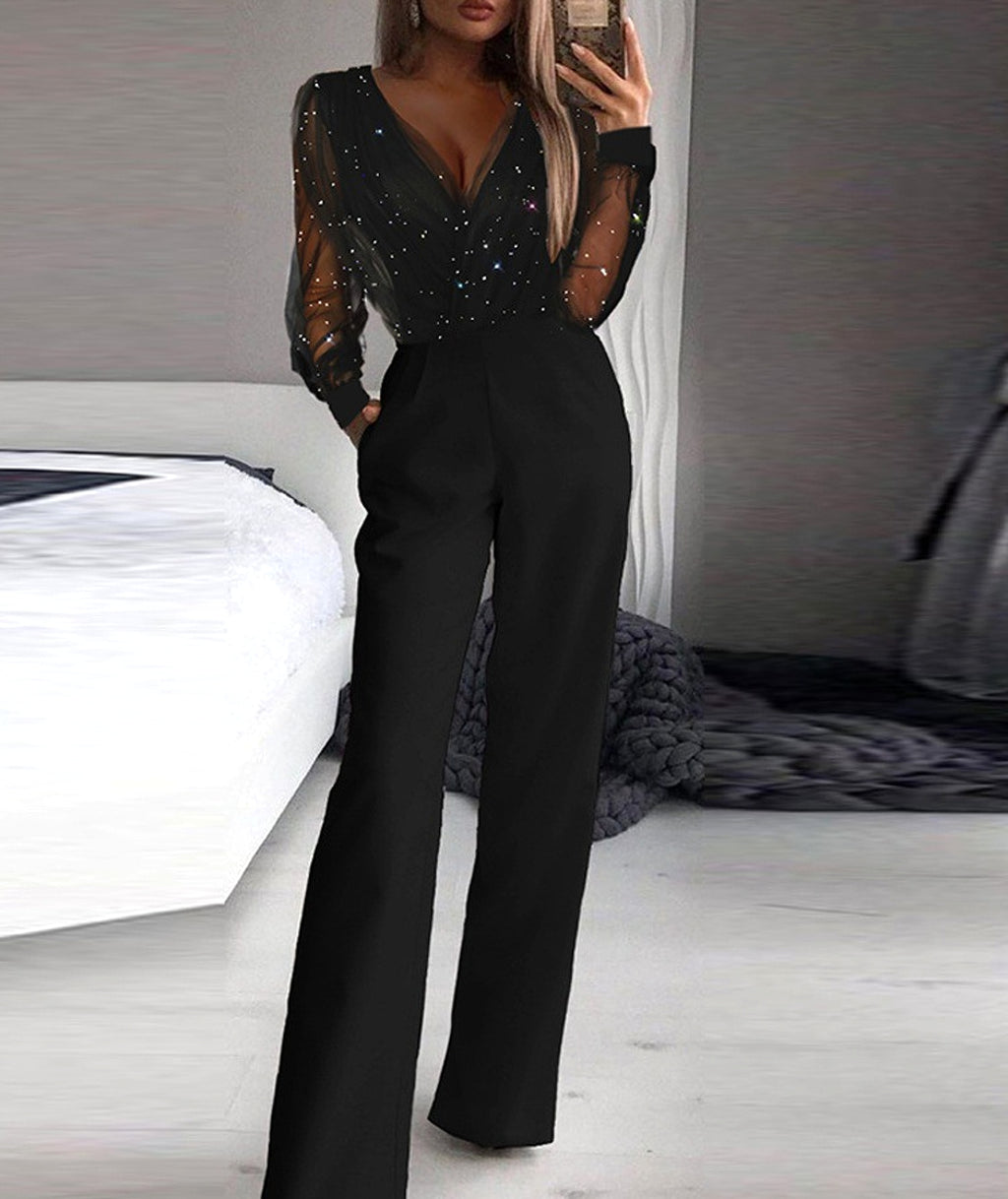 Trendy Shiny Mesh Dusting Powder Stitching High-end Elegant Jumpsuit - enhanced image 5