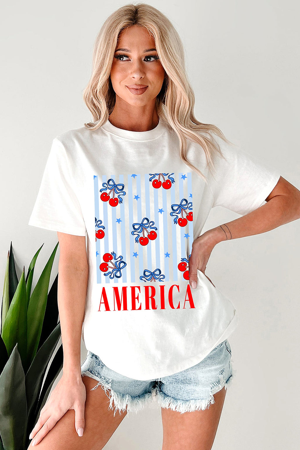 White Bow Cherry AMERICA Graphic Crewneck Patriotic T Shirt - enhanced image 5