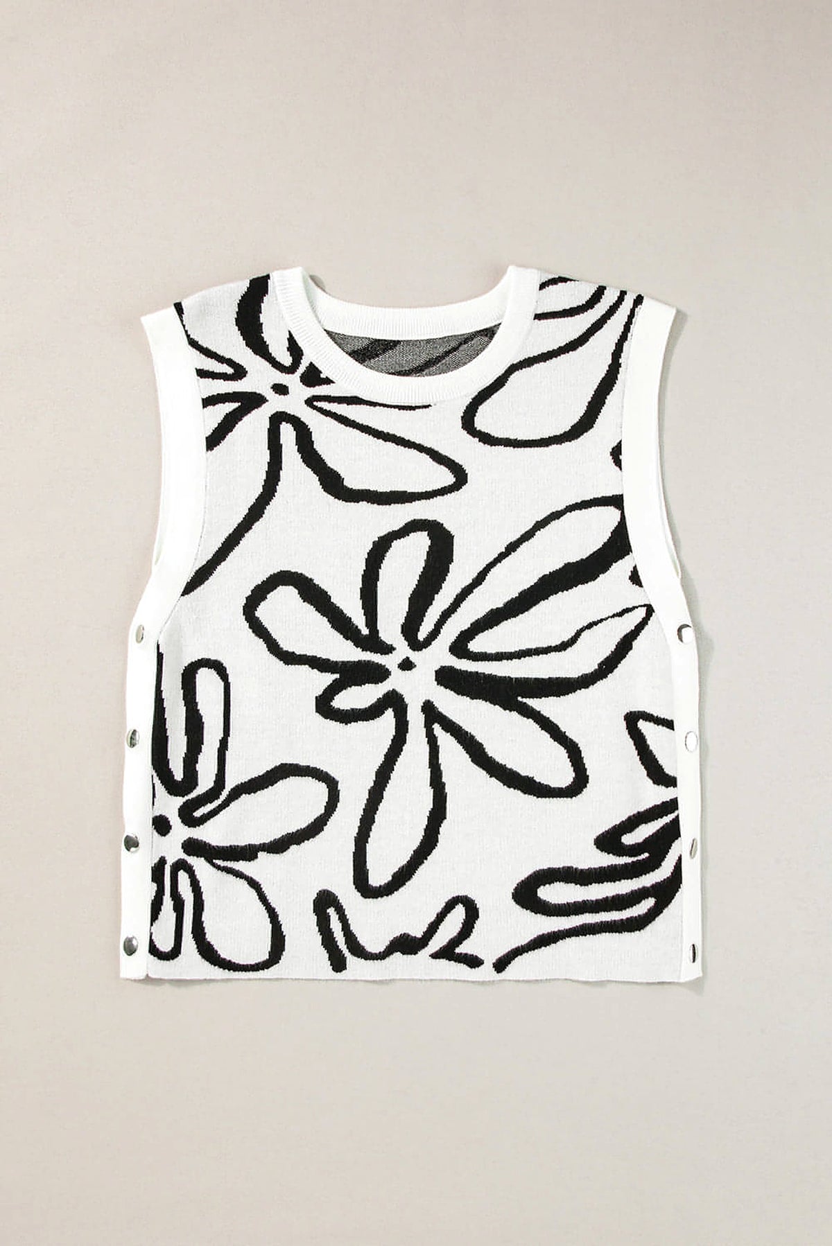 White Button Sides Sleeveless Floral Knitted Top - enhanced image 5
