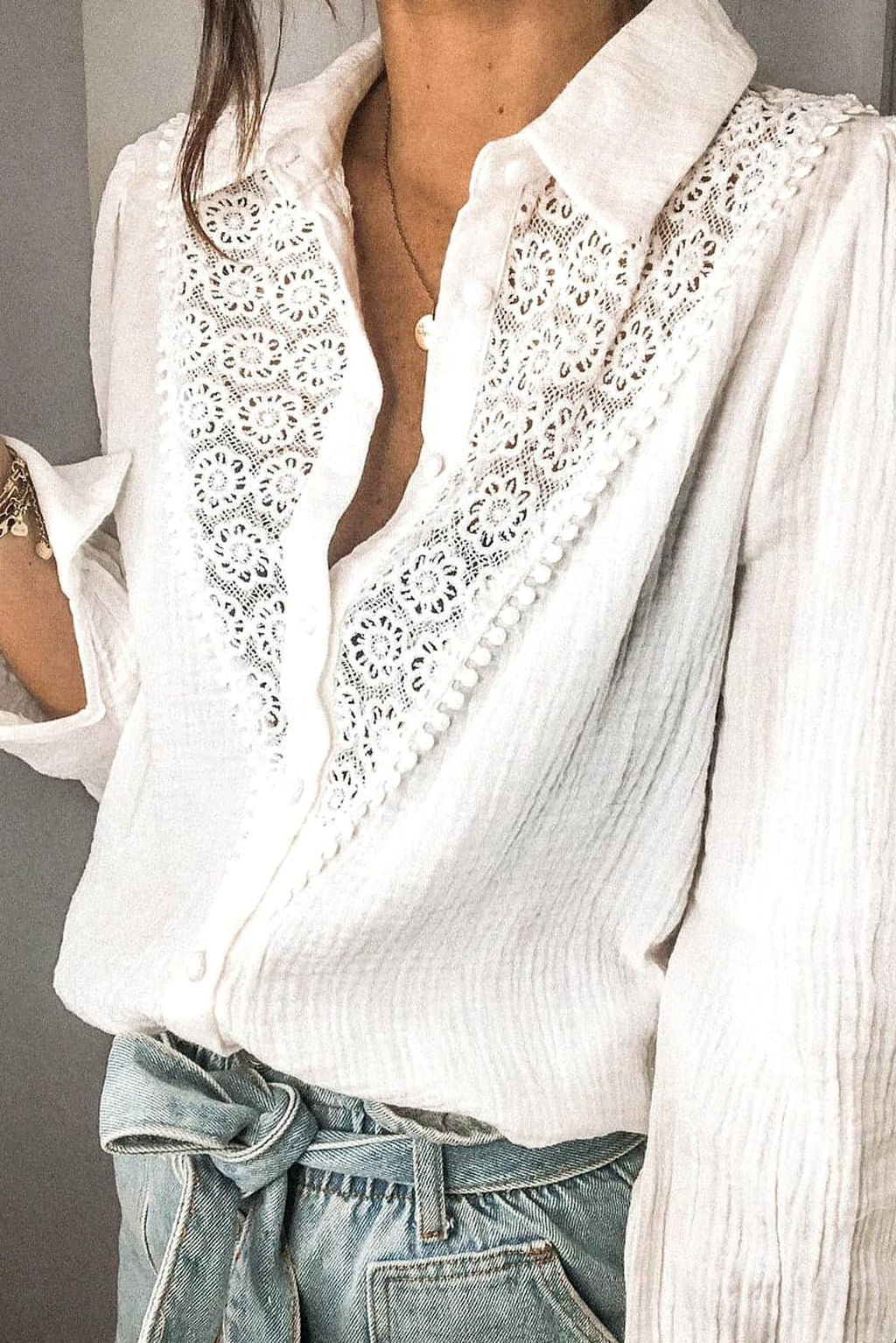 White Floral Lace Hollow-out Splicing Crinkled Shirt - enhanced image 5