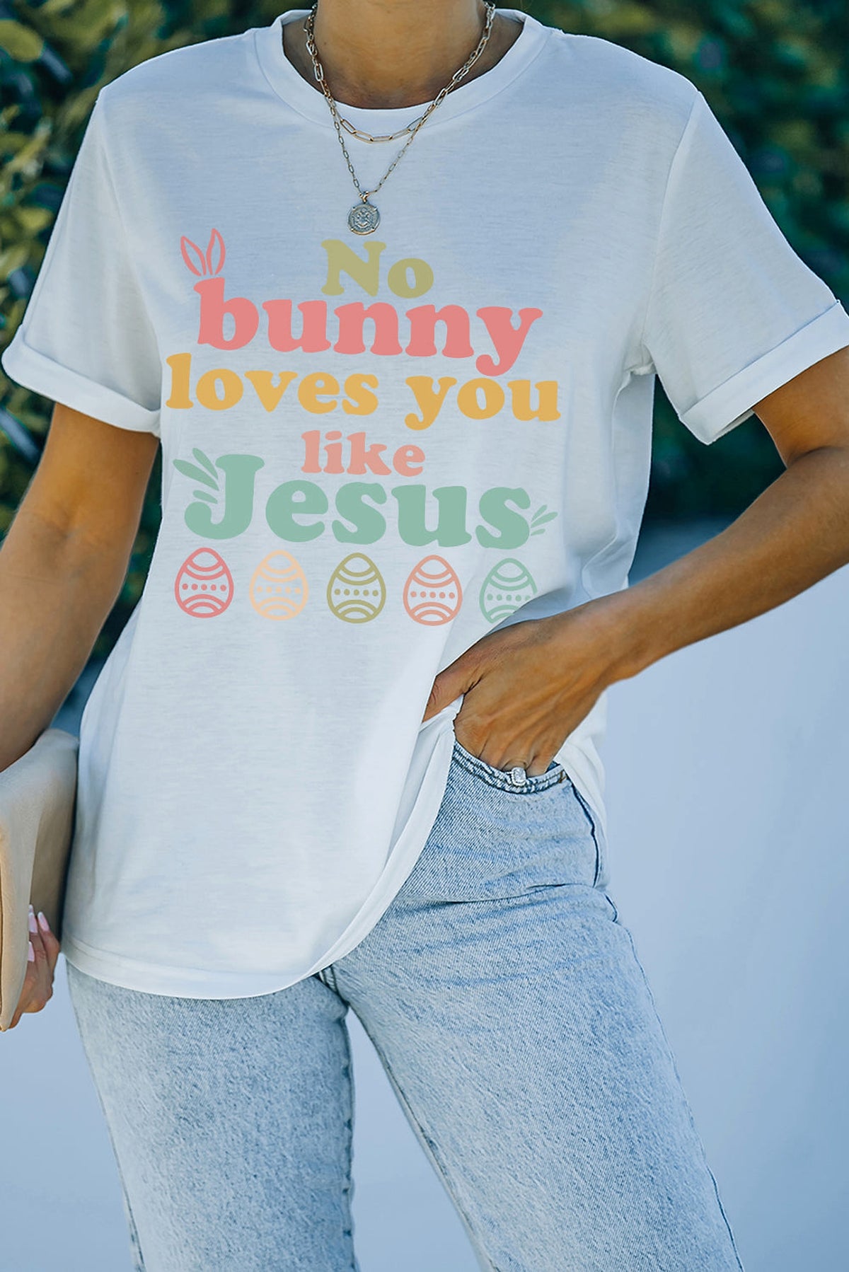 White No bunny loves you like Jesus Graphic Easter Day T-shirt - enhanced image 5