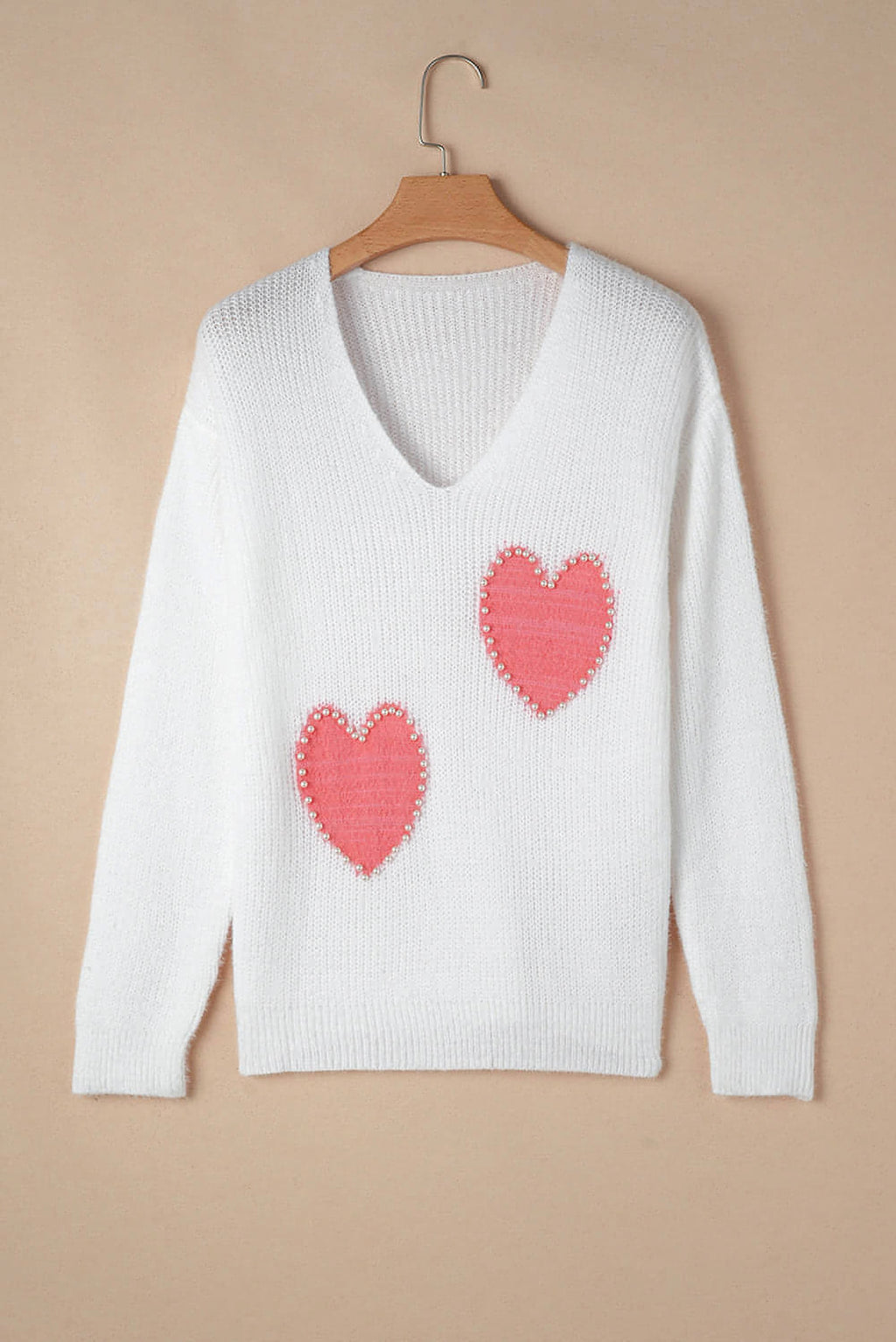 White Pearl Beaded Heart Pattern Fuzzy V Neck Sweater - enhanced image 5