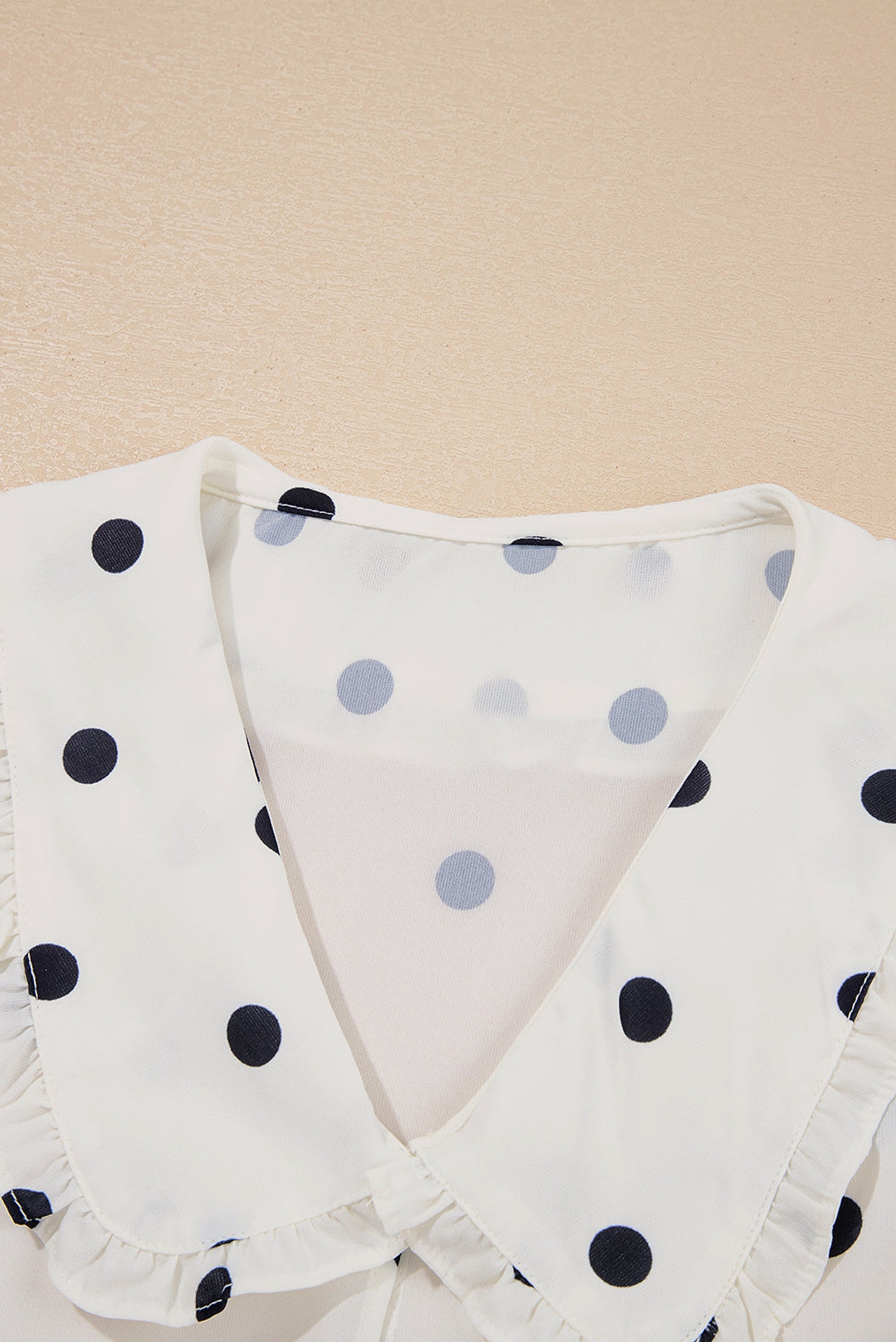 White Polka Dot Collared Lace up Font Puff Sleeve Peplum Top - enhanced image 5