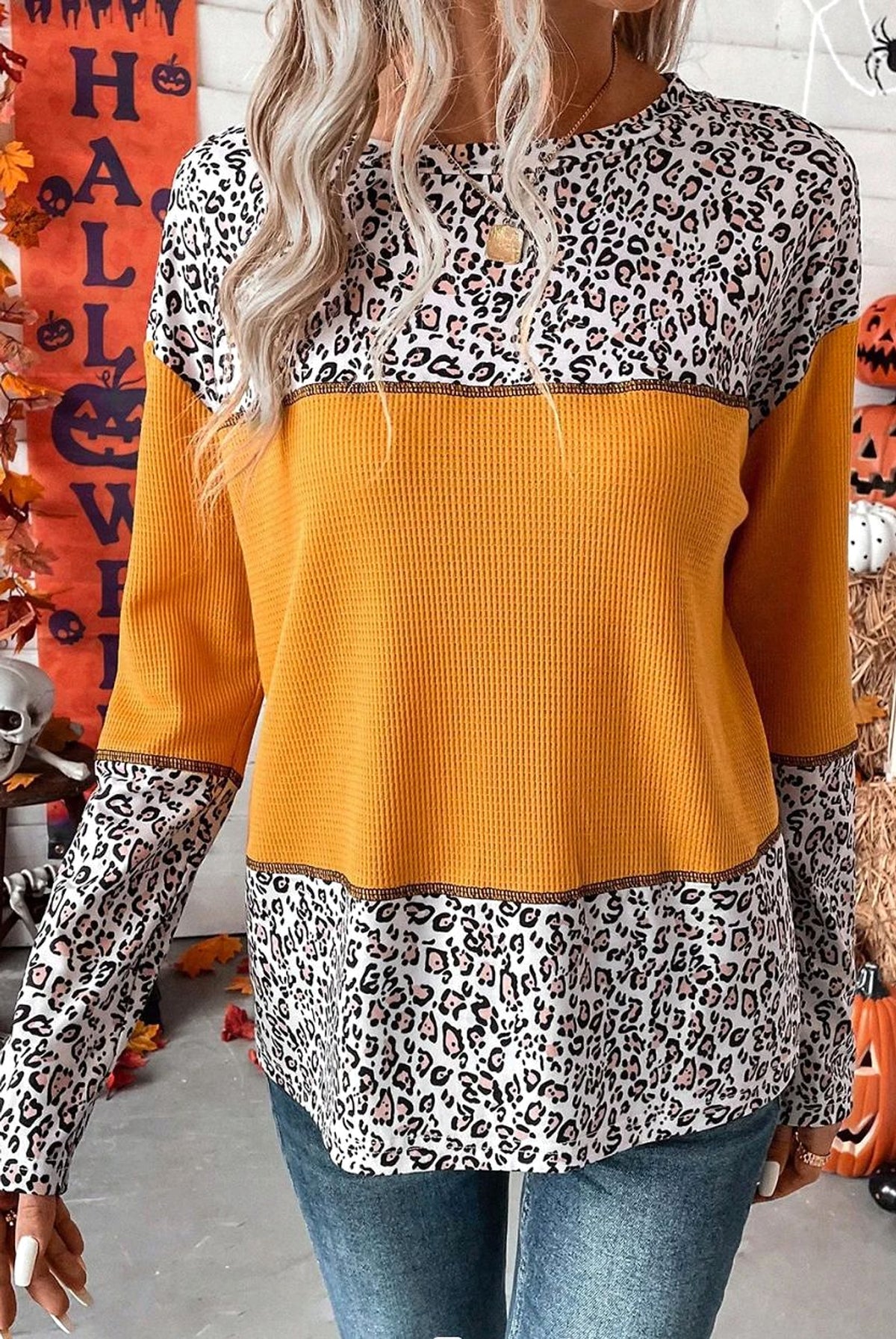 Women Round Neck Leopard Splicing Waffle Sweater - enhanced image 5
