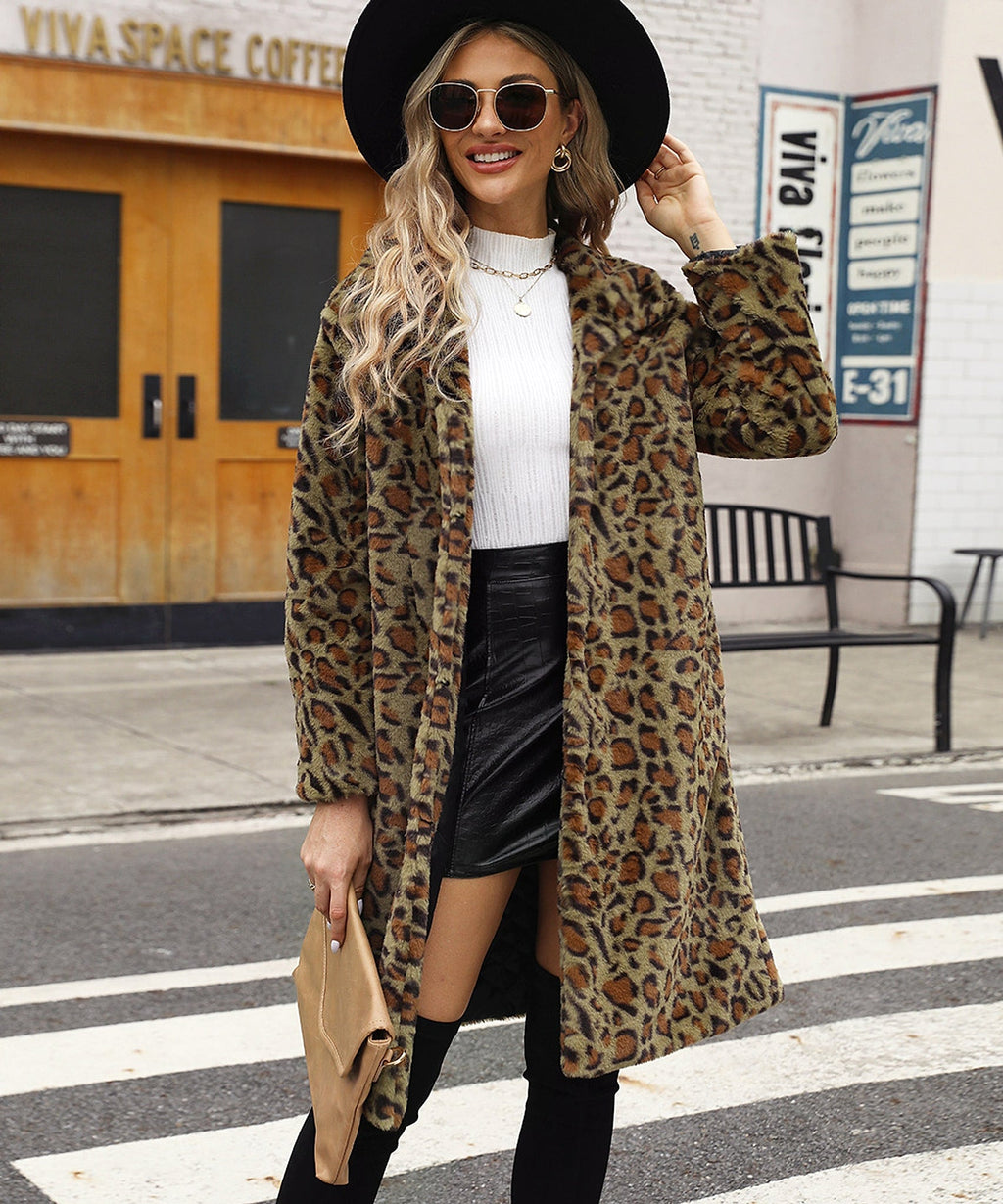 Women's Leopard Print Imitation Fur Plush Lapel Coat
