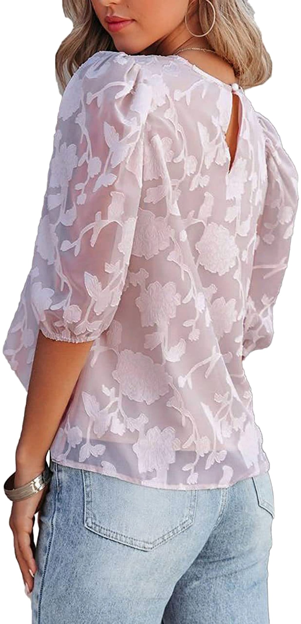 Women's Puff Sleeve Chiffon Loose Top Flower Texture T-Shirt - enhanced image 5