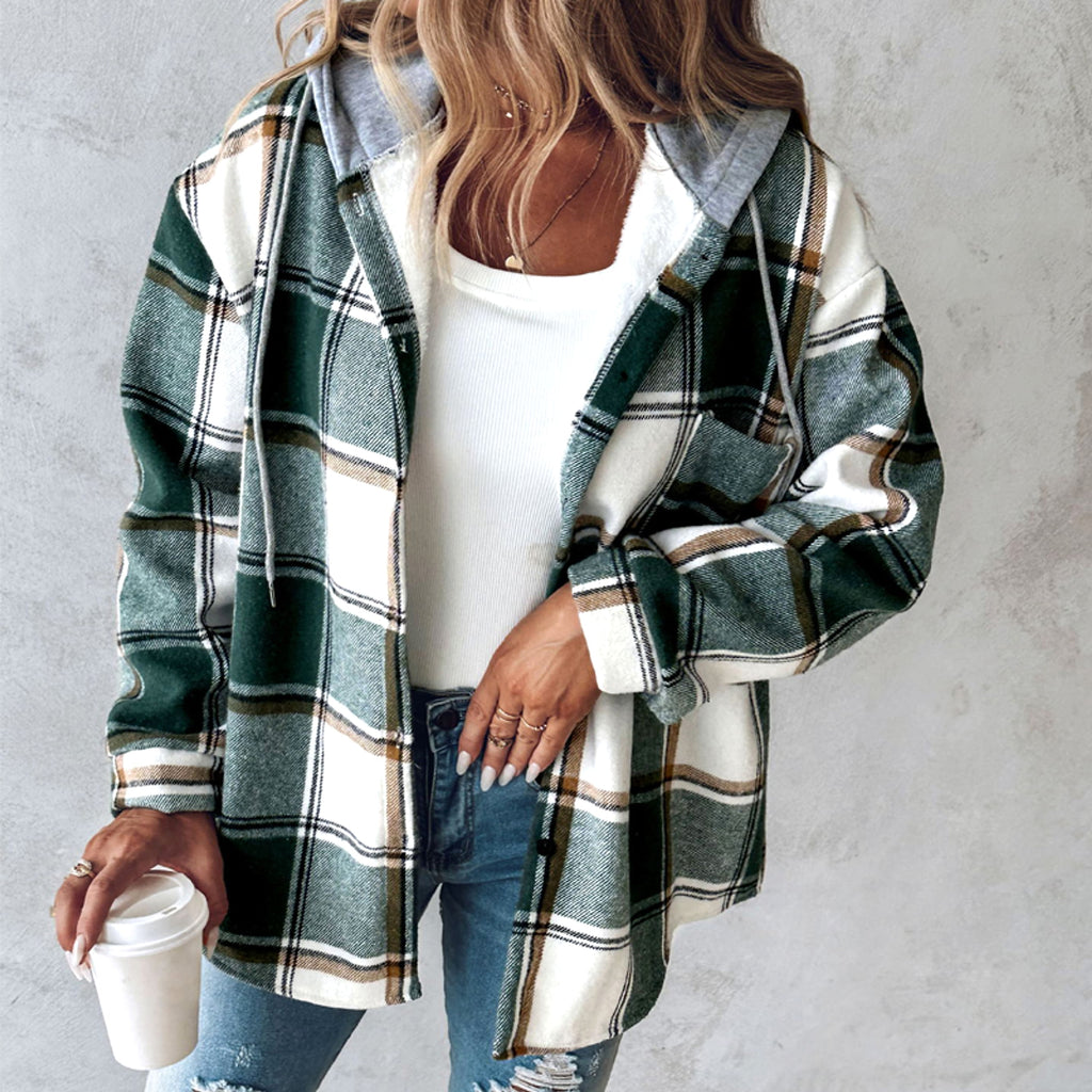 Women's Wear Solid Color Plaid Hooded Jacket - enhanced image 5
