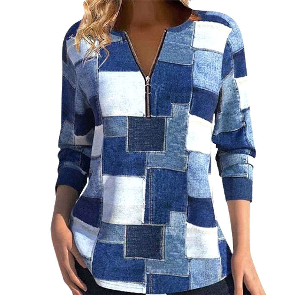 Women's Zipper Long Sleeve Geometric Top T-Shirt - enhanced image 5