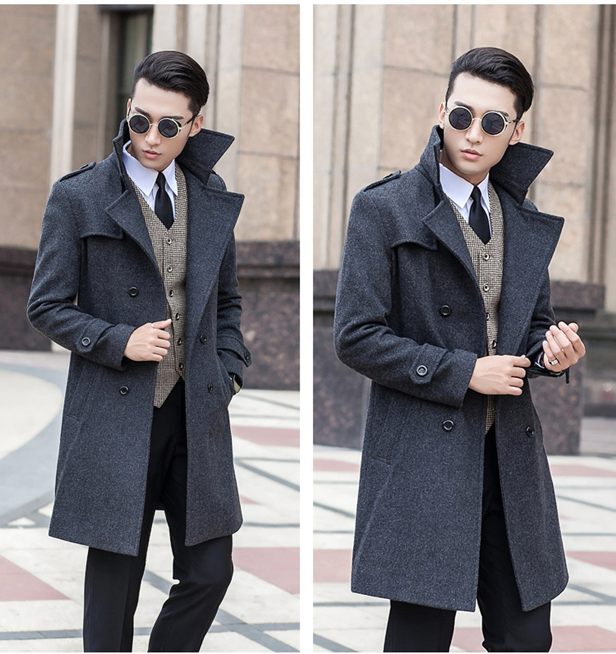 Woolen Striped Double Breasted Trench Coat Men - enhanced image 5