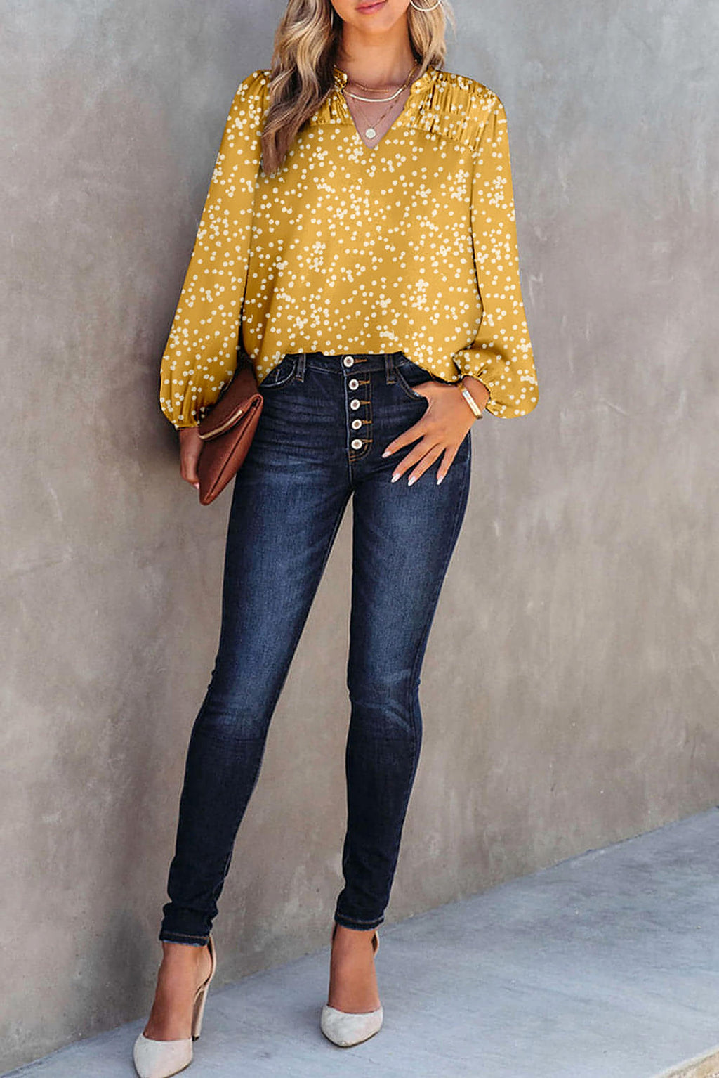 Yellow Split Neck Fall Printed Crinkled Blouse - enhanced image 5