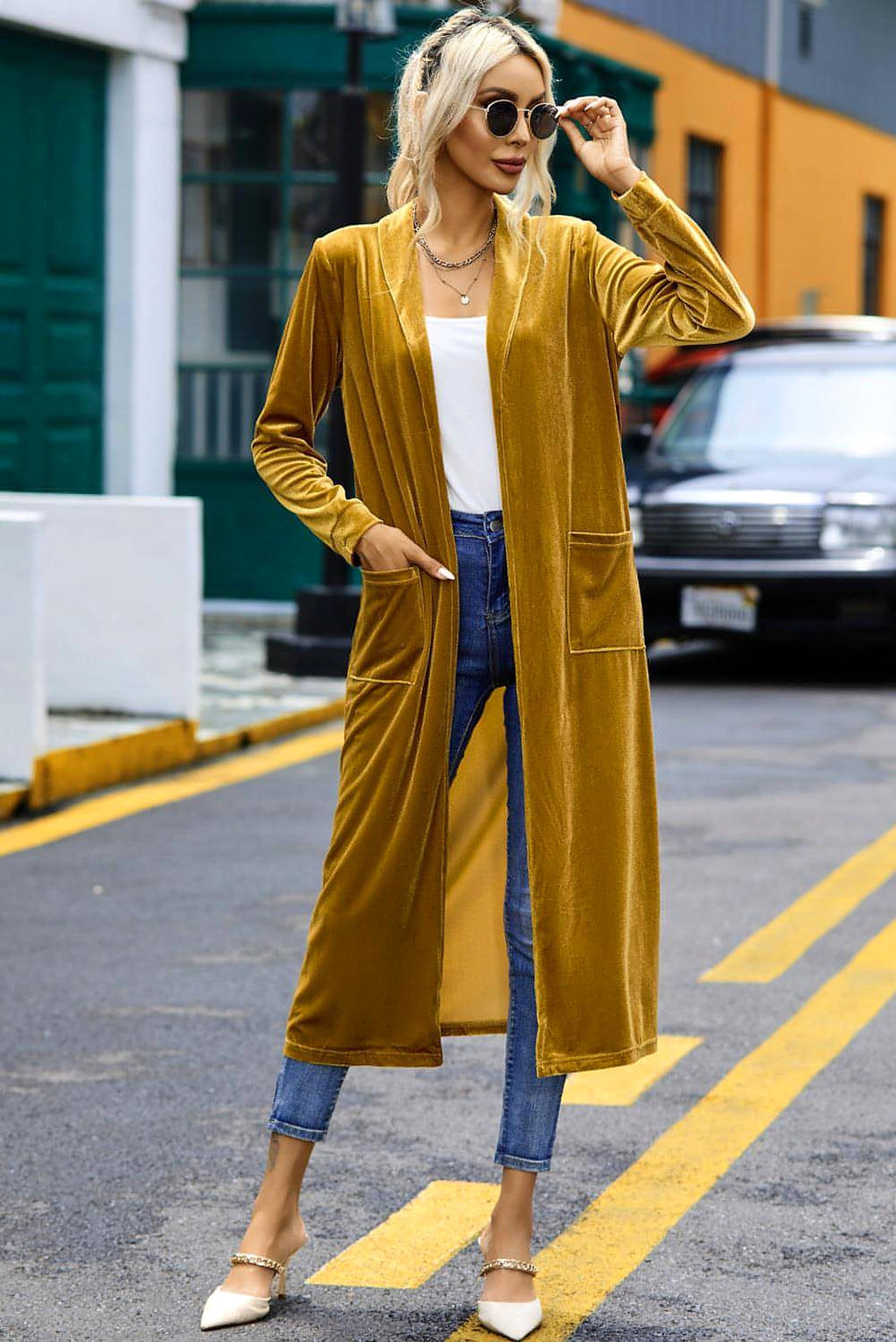 Yellow Velvet Open Front Pocketed Long Duster - enhanced image 5