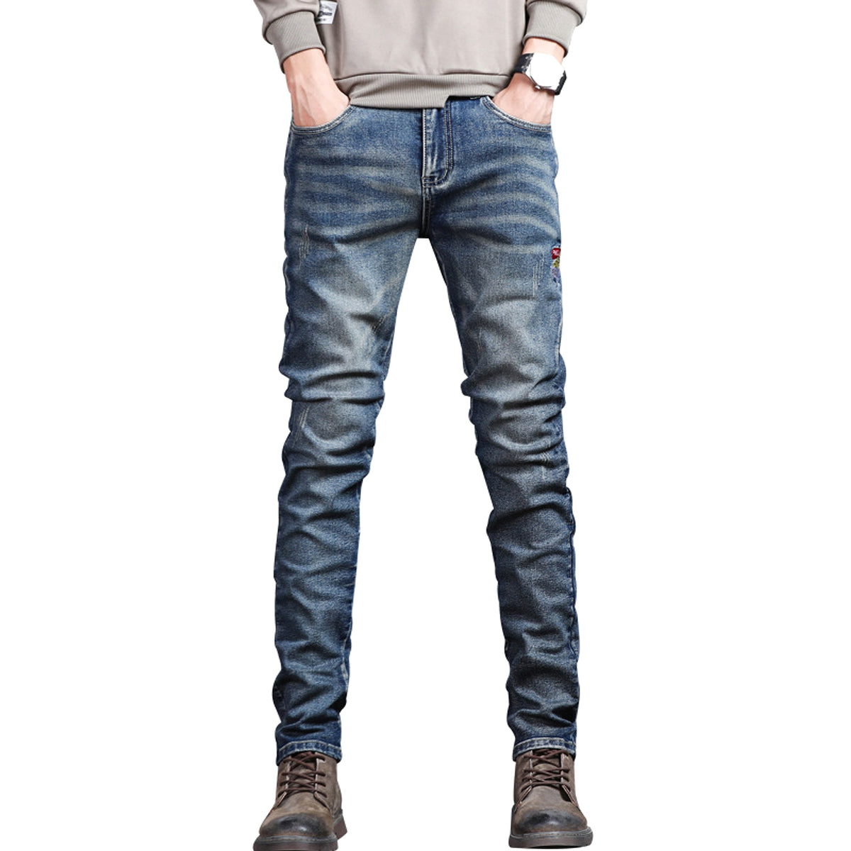 Youth Retro Embroidered Denim Pants Men Jeans - enhanced image 5