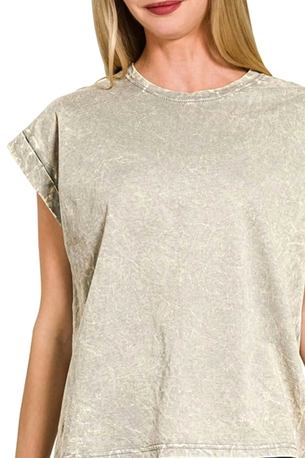 Zenana Crinkle Washed Round Neck Folded Short Sleeve Tee - enhanced image 5