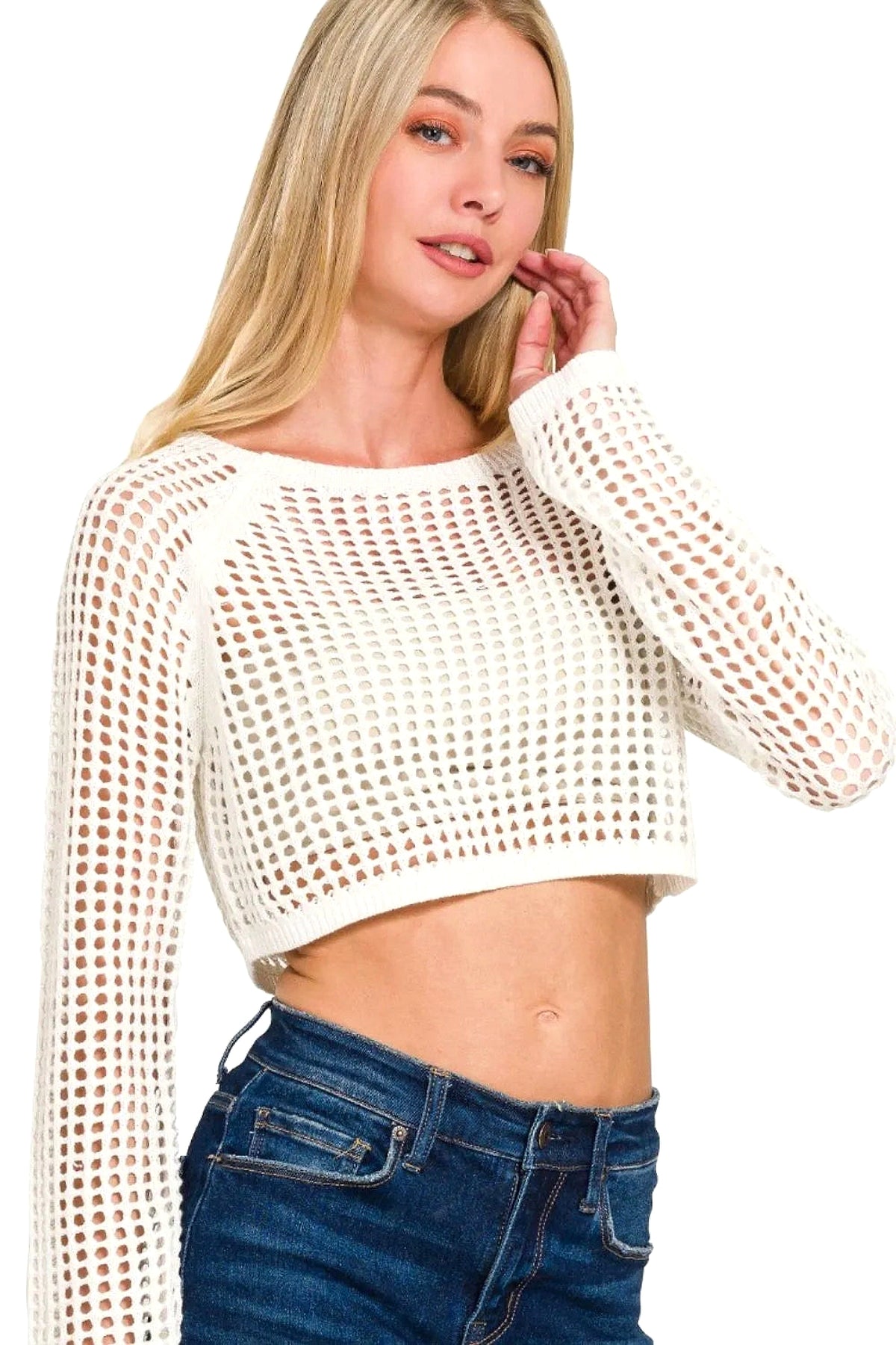 Zenana Hollow Knitted Cropped Round Neck Sweater - enhanced image 5