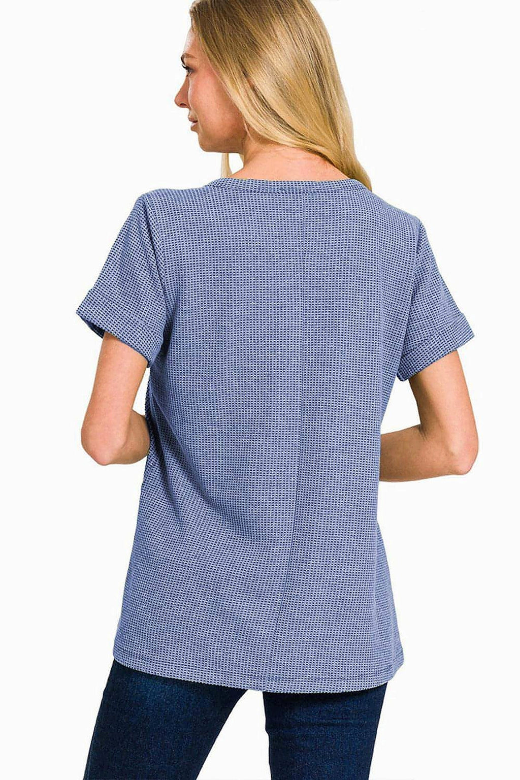 Zenana Notched Short Sleeve Waffle T-Shirt - enhanced image 5