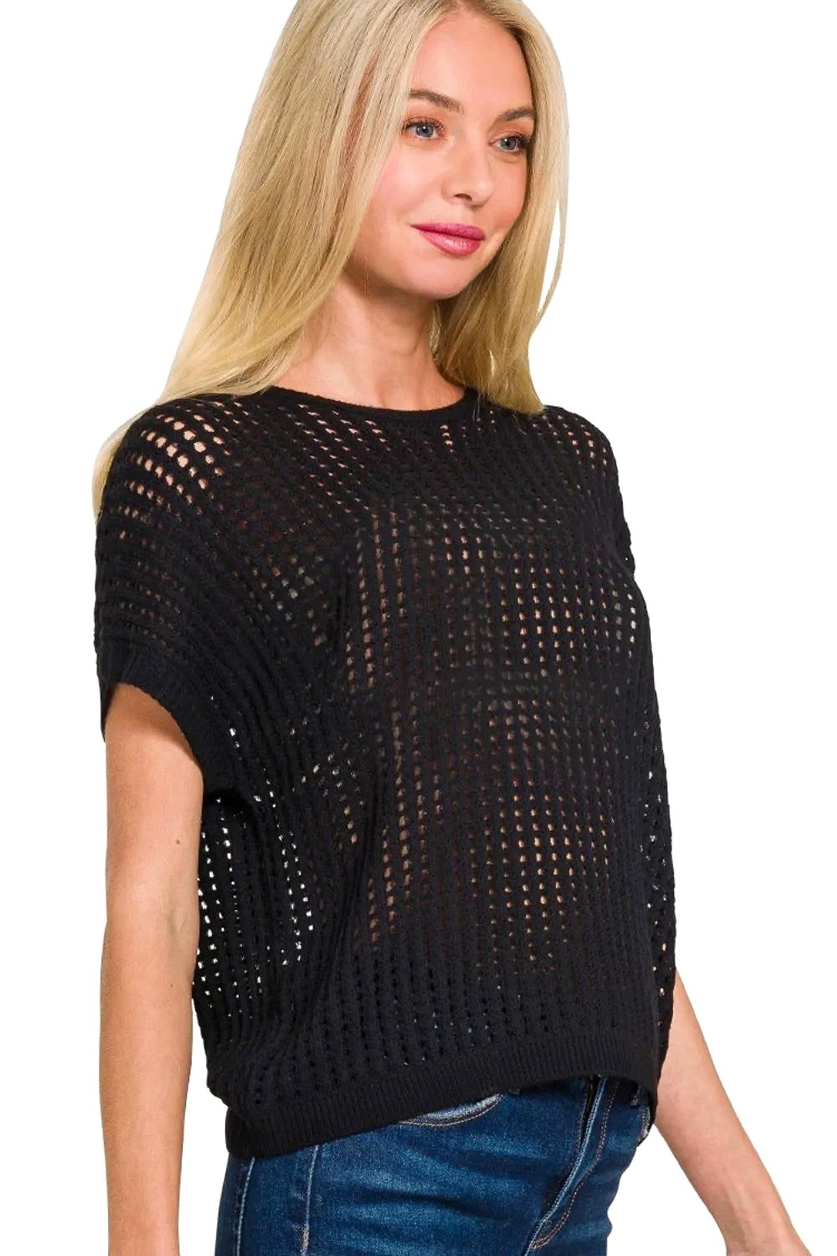Zenana Viscose Crochet Knit Sheer Hollow Sweater - enhanced image 5