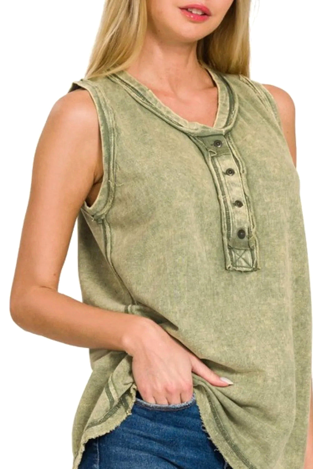 Zenana Washed Half-button Raw Edge Sleeveless Henley Top - enhanced image 5