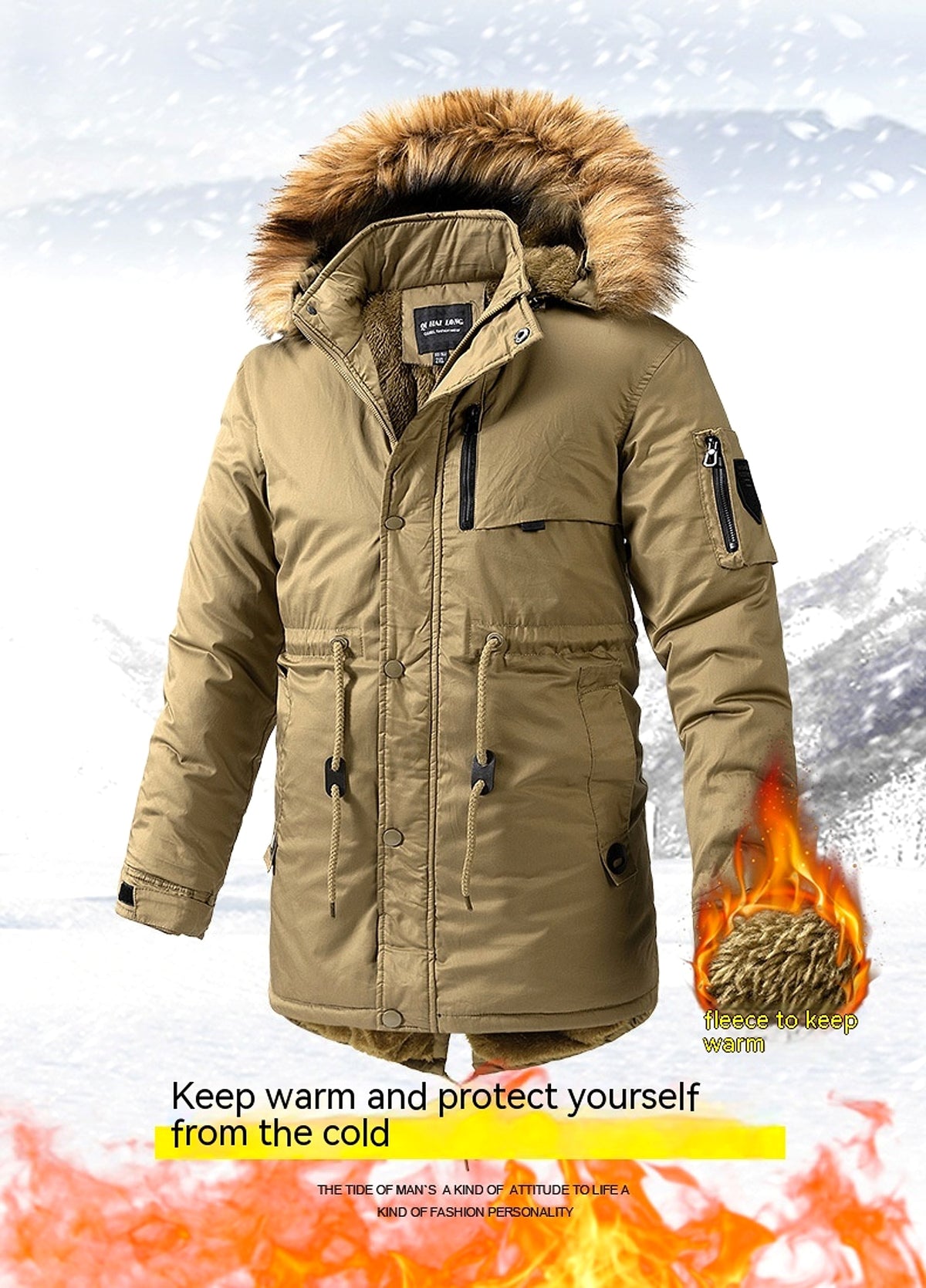 Zipper Solid Color Regular Brown Extra Thick Men 's Jacket - enhanced image 5