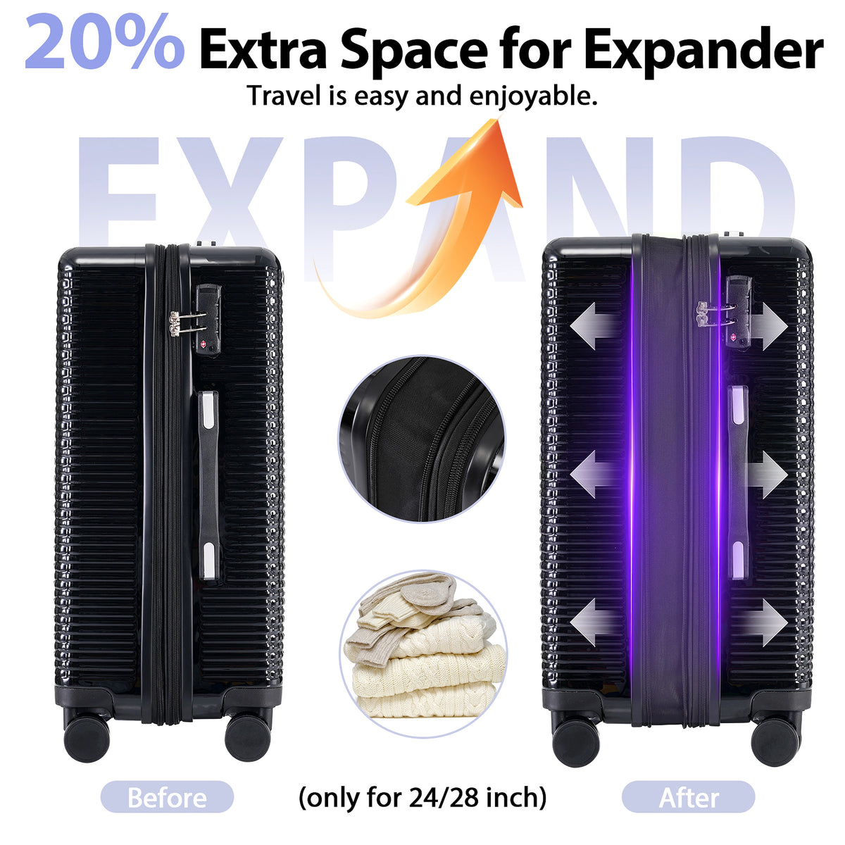 3 Piece Set Of Hard Shell Suitcases With Wheels, Light Expandable Travel Suitcase With TSA Lock - enhanced image 6