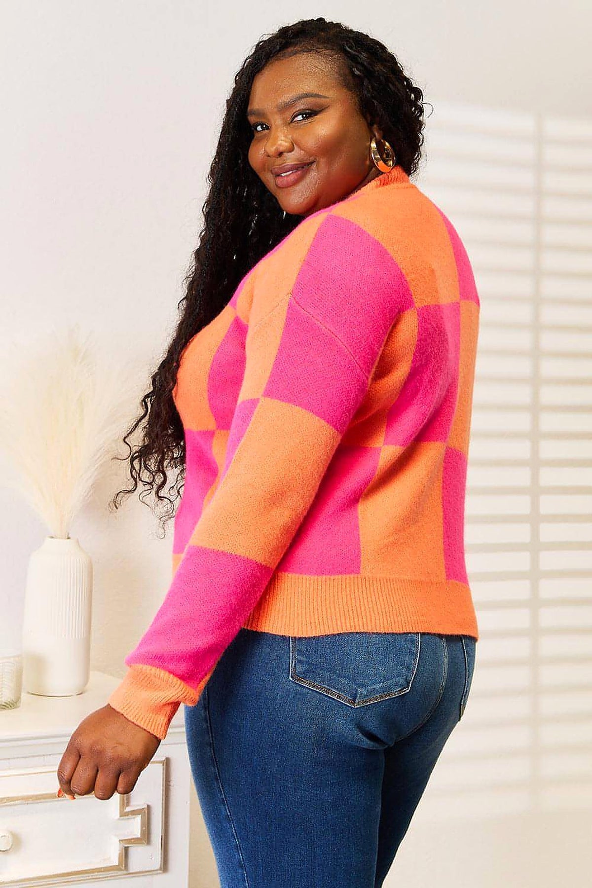 Angel Wings Woven Right Checkered V-Neck Dropped Shoulder Cardigan - enhanced image 6