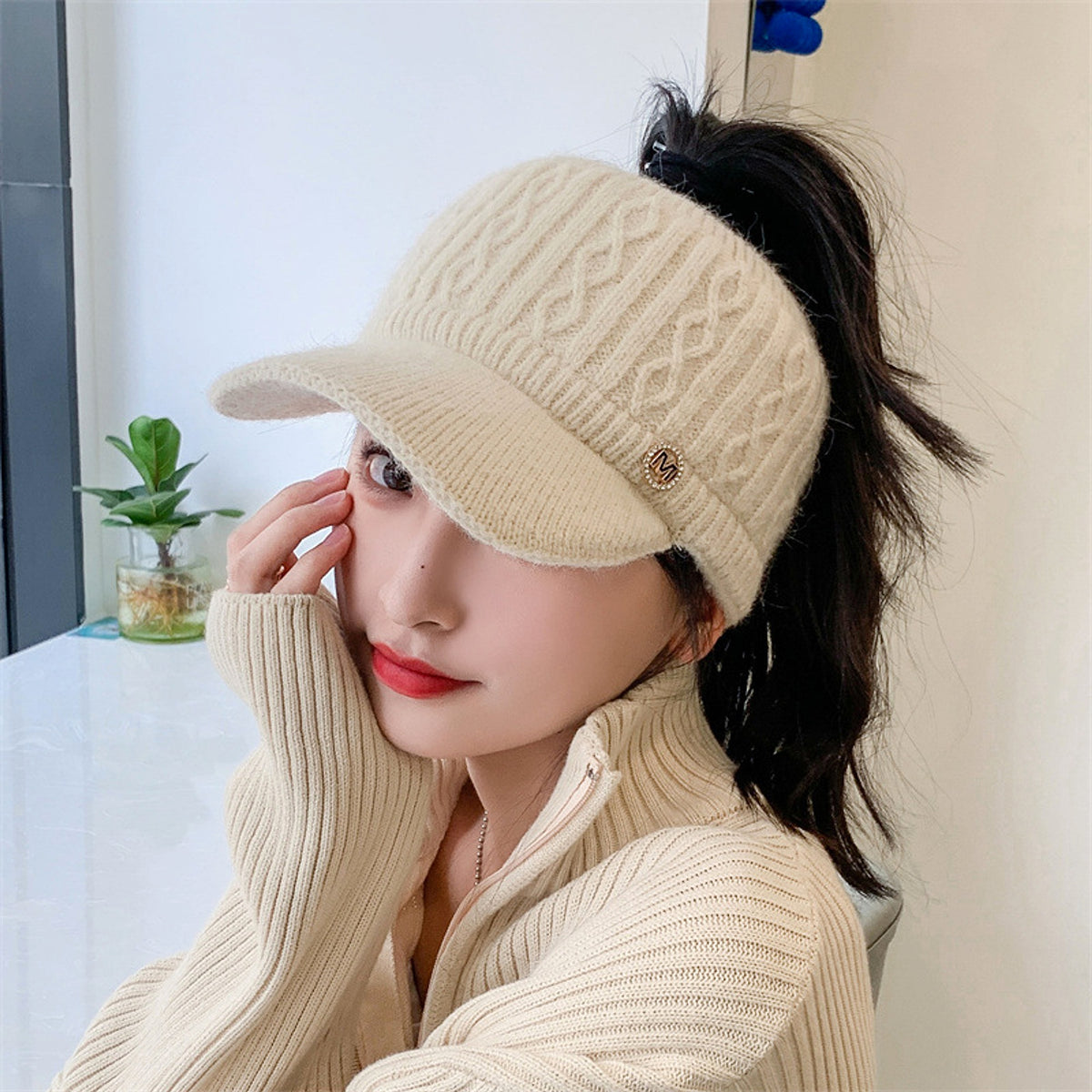 Autumn And Winter Korean Style Versatile Knitted Rabbit Fur Knitted Hat Fleece-lined Thick Warm Earflaps Peaked Cap - enhanced image 6