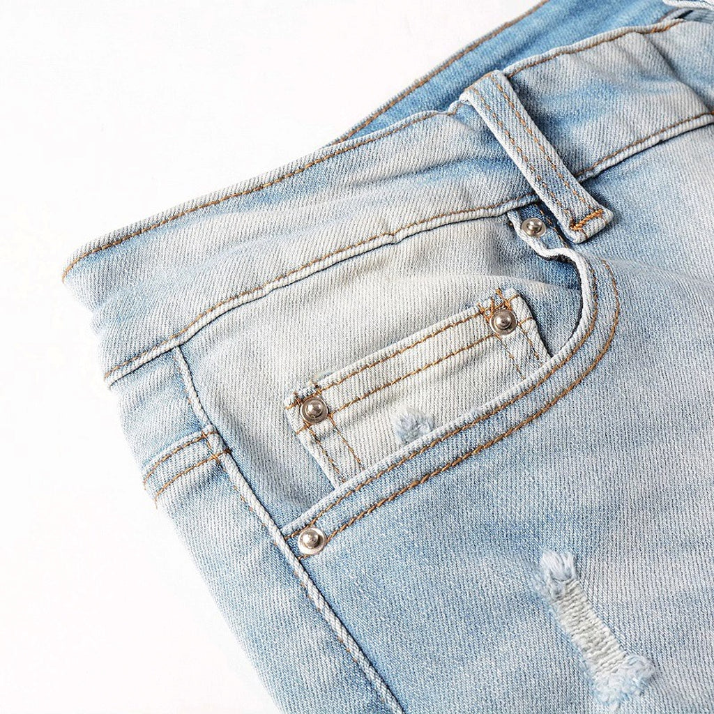 Baby Blue Wash Water Worn Patch Torn Jeans Male - enhanced image 6