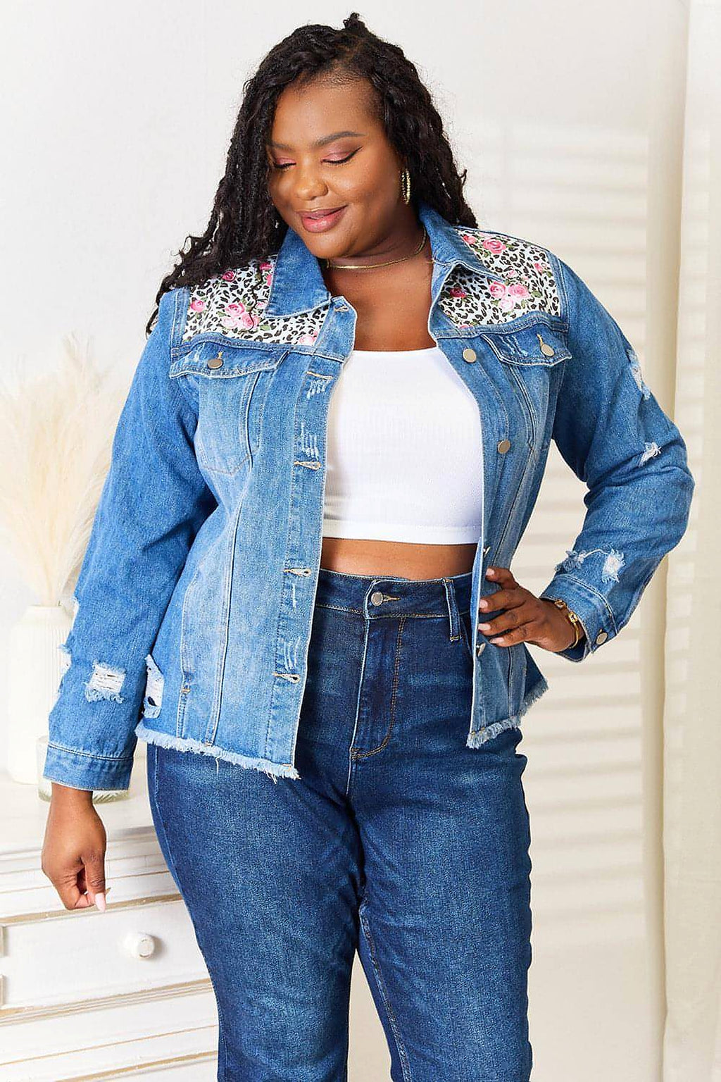 Baeful Leopard Floral Distressed Raw Hem Denim Jacket - enhanced image 6