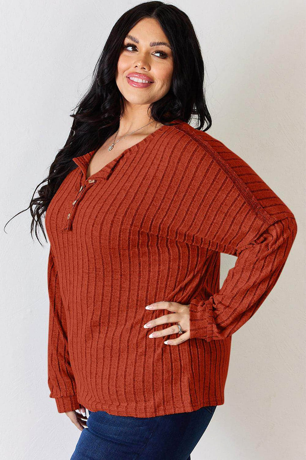 Basic Bae Full Size Ribbed Half Button Long Sleeve T-Shirt - enhanced image 6