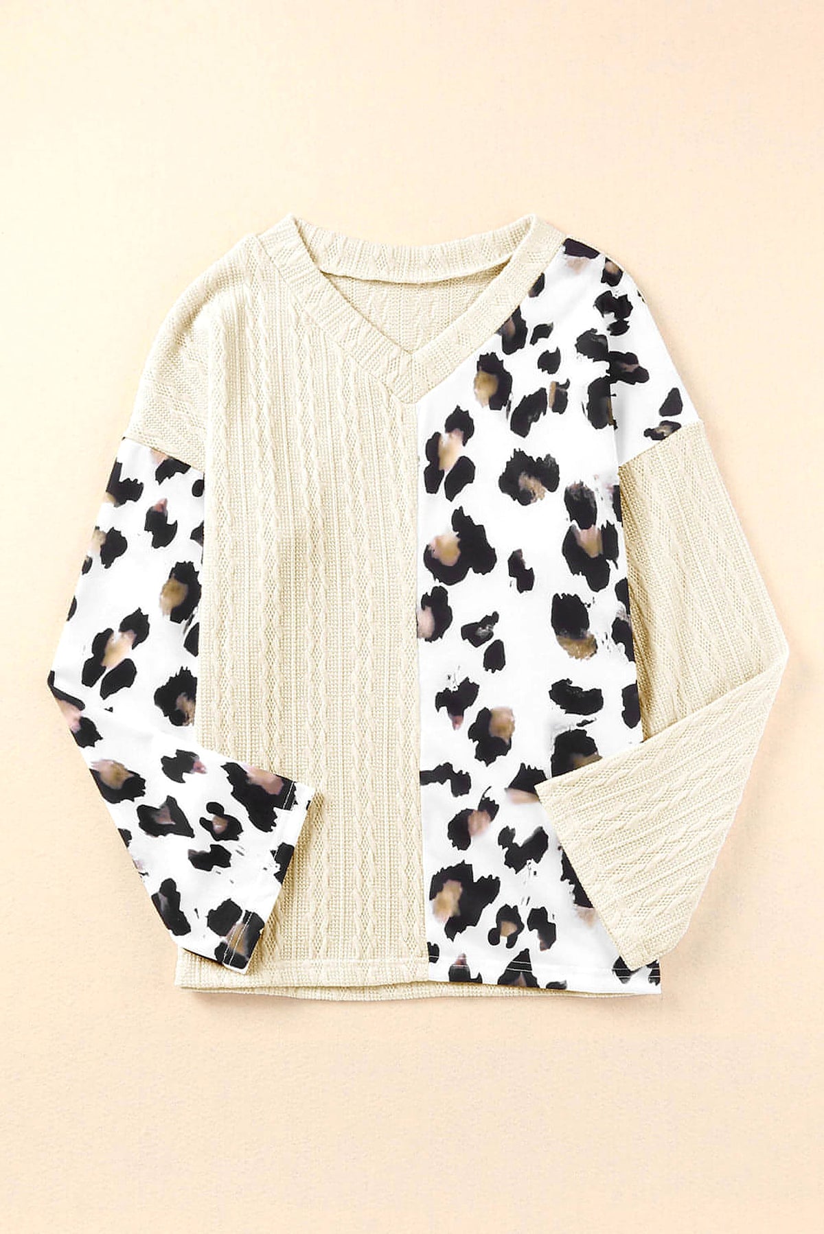 Beige Asymmetric Leopard Patchwork Wide Sleeve V Neck Sweater - enhanced image 6