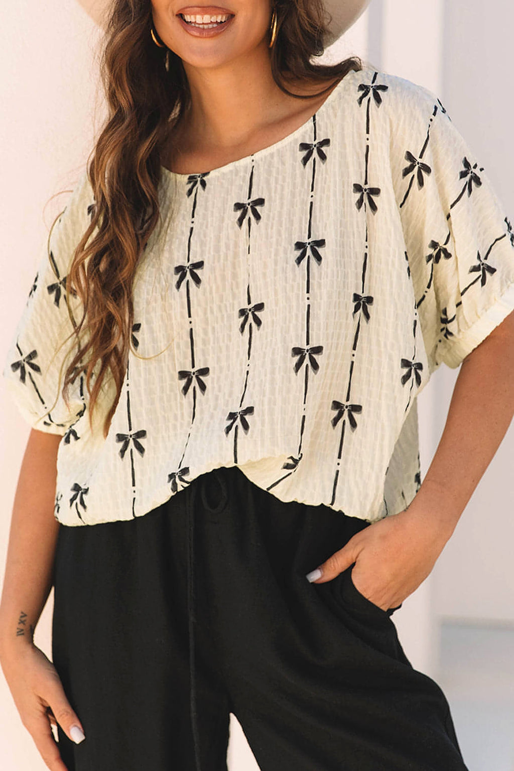 Beige Bow Print Puff Short Sleeve Top - enhanced image 6