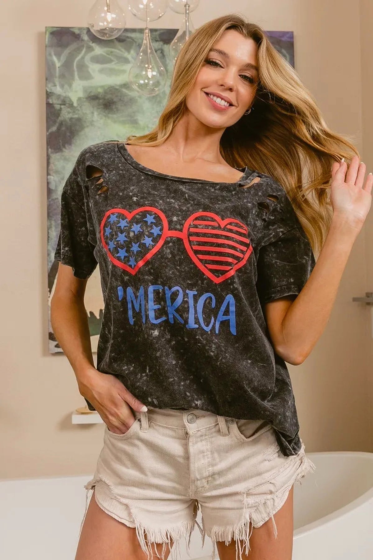 BiBi 4th Of July Theme Mineral Washed Laser Cut Top - enhanced image 6