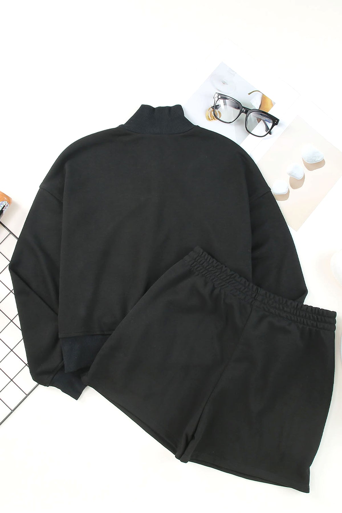 Black Casual High Neck Henley Top and Short Outfit - enhanced image 6