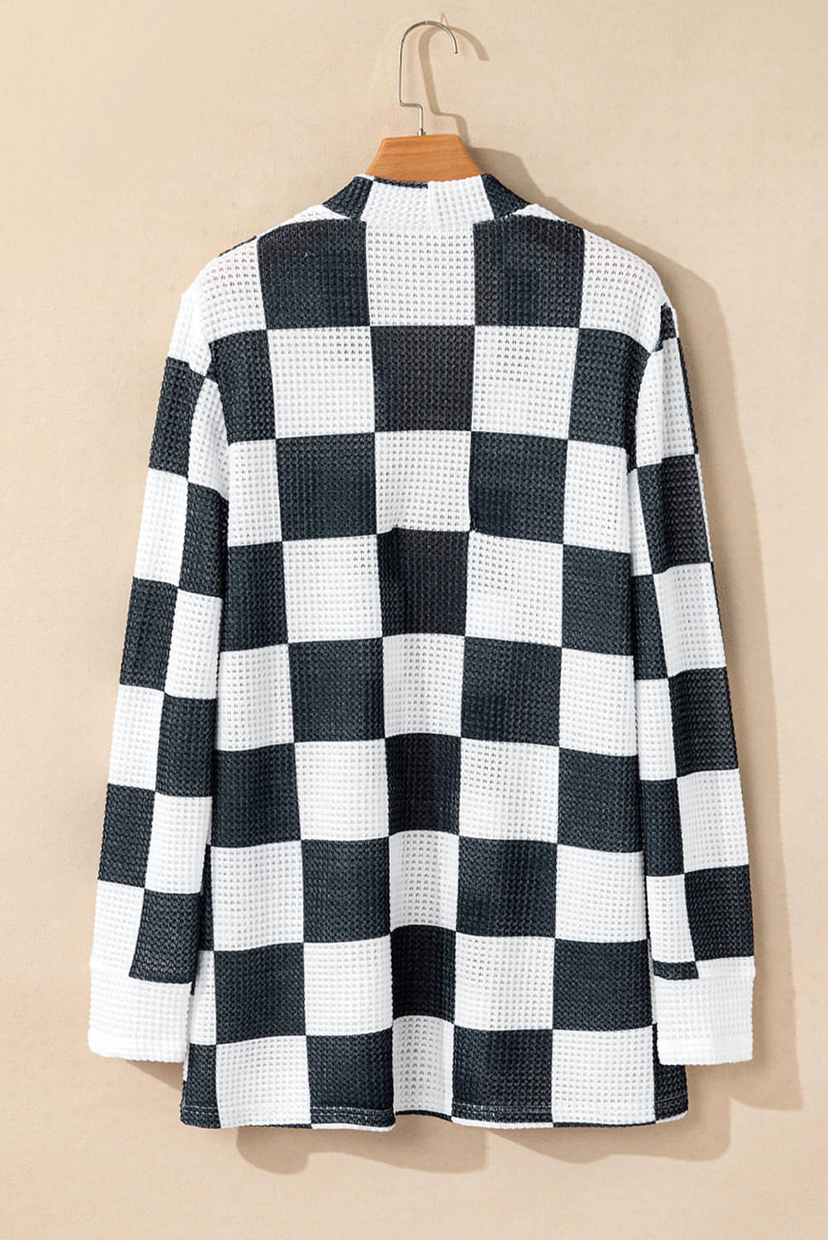 Black Checkered Waffle Knit Thumbhole Open Front Cardigan - enhanced image 6