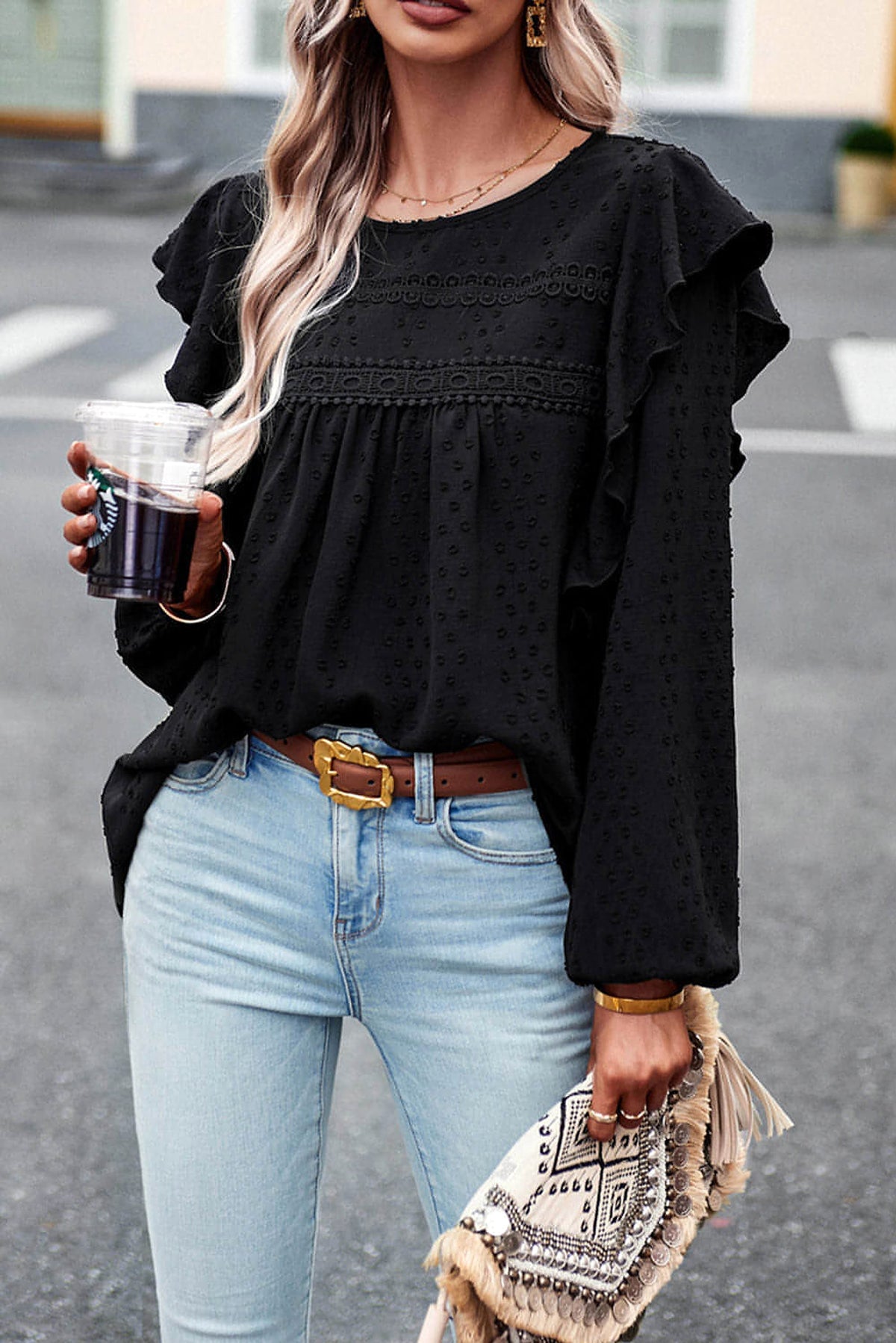 Black Lace Eyelet Ruffle Shoulder Long Sleeve Blouse - enhanced image 6