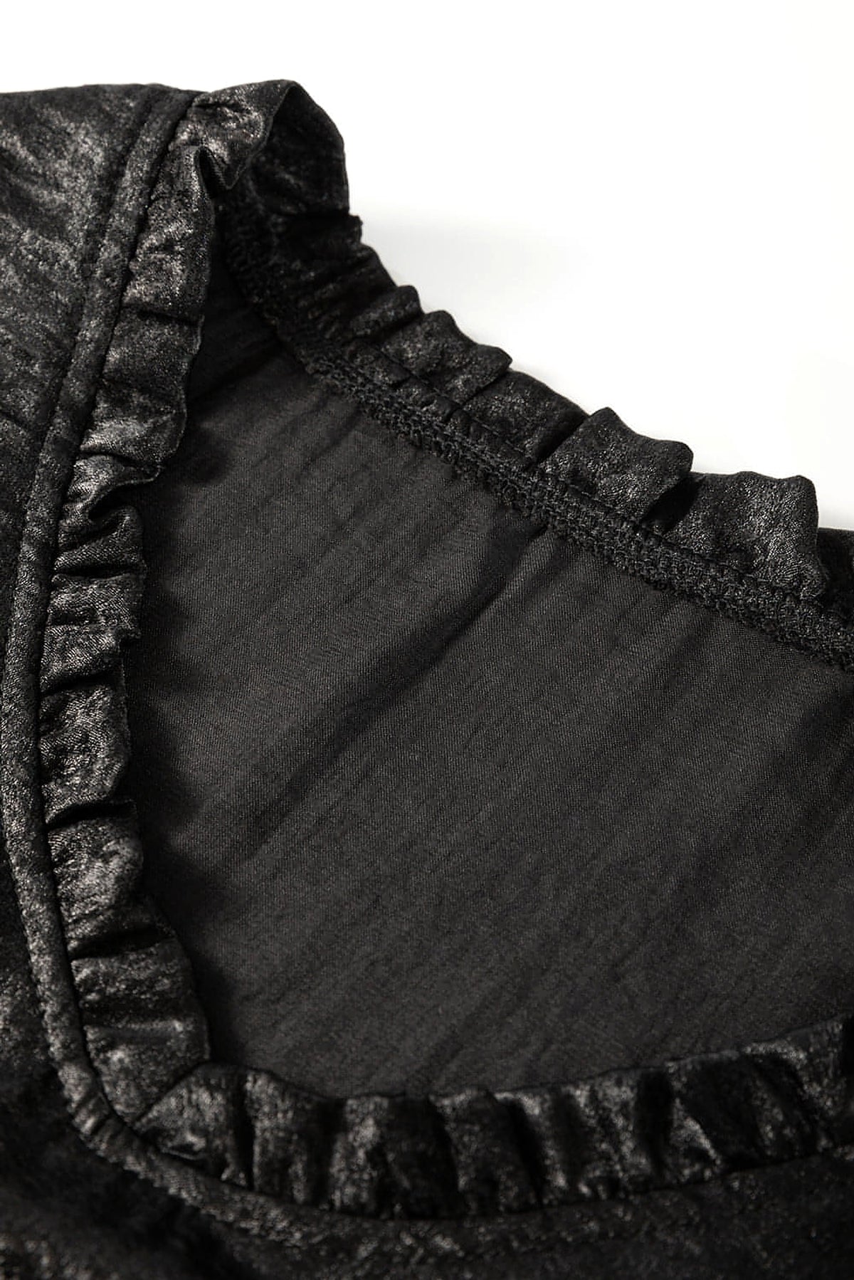 Black Metallic Frilled V Neck Puff Sleeve Babydoll Blouse - enhanced image 6