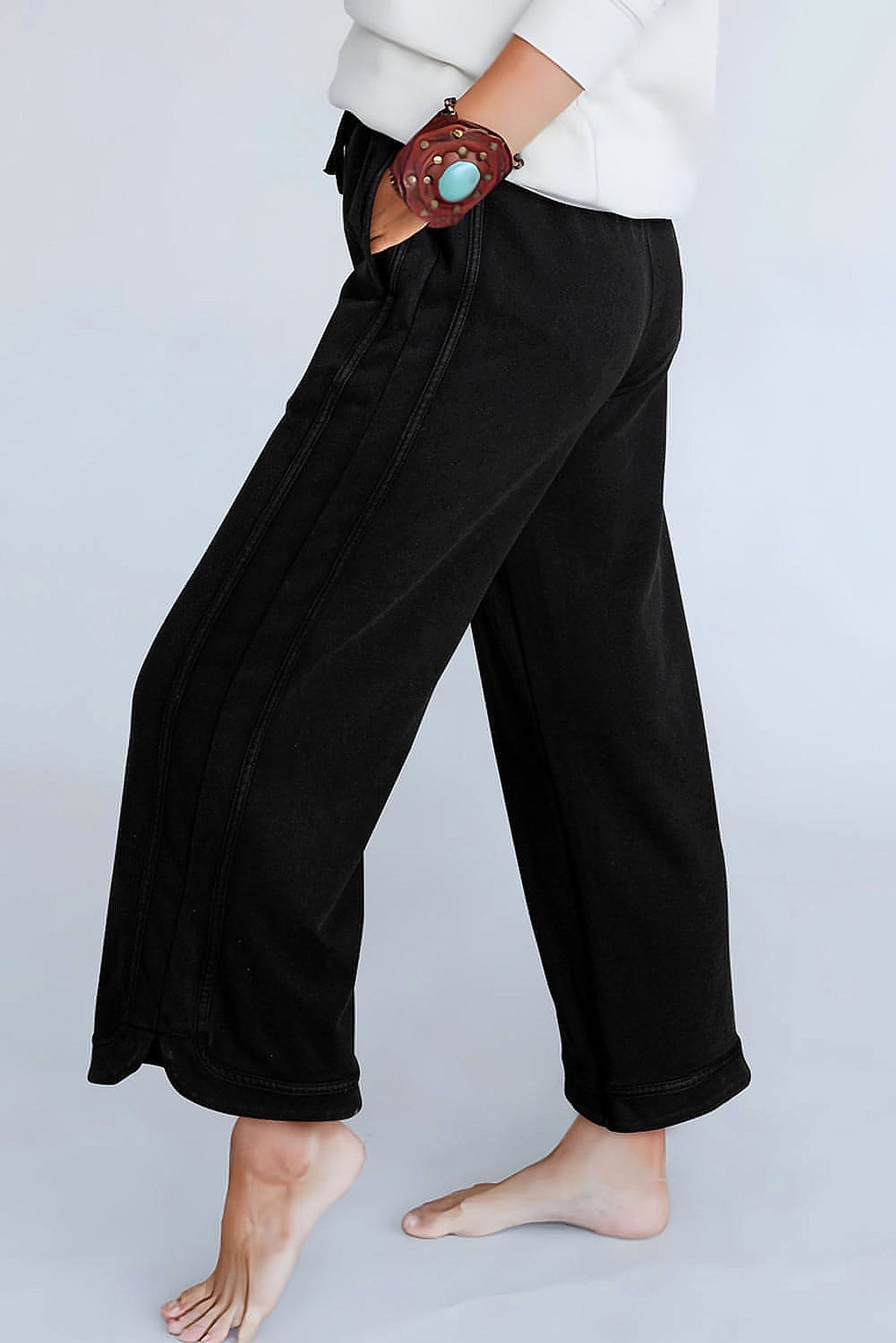 Black Mineral Wash Exposed Seam Wide Leg Pants - enhanced image 6