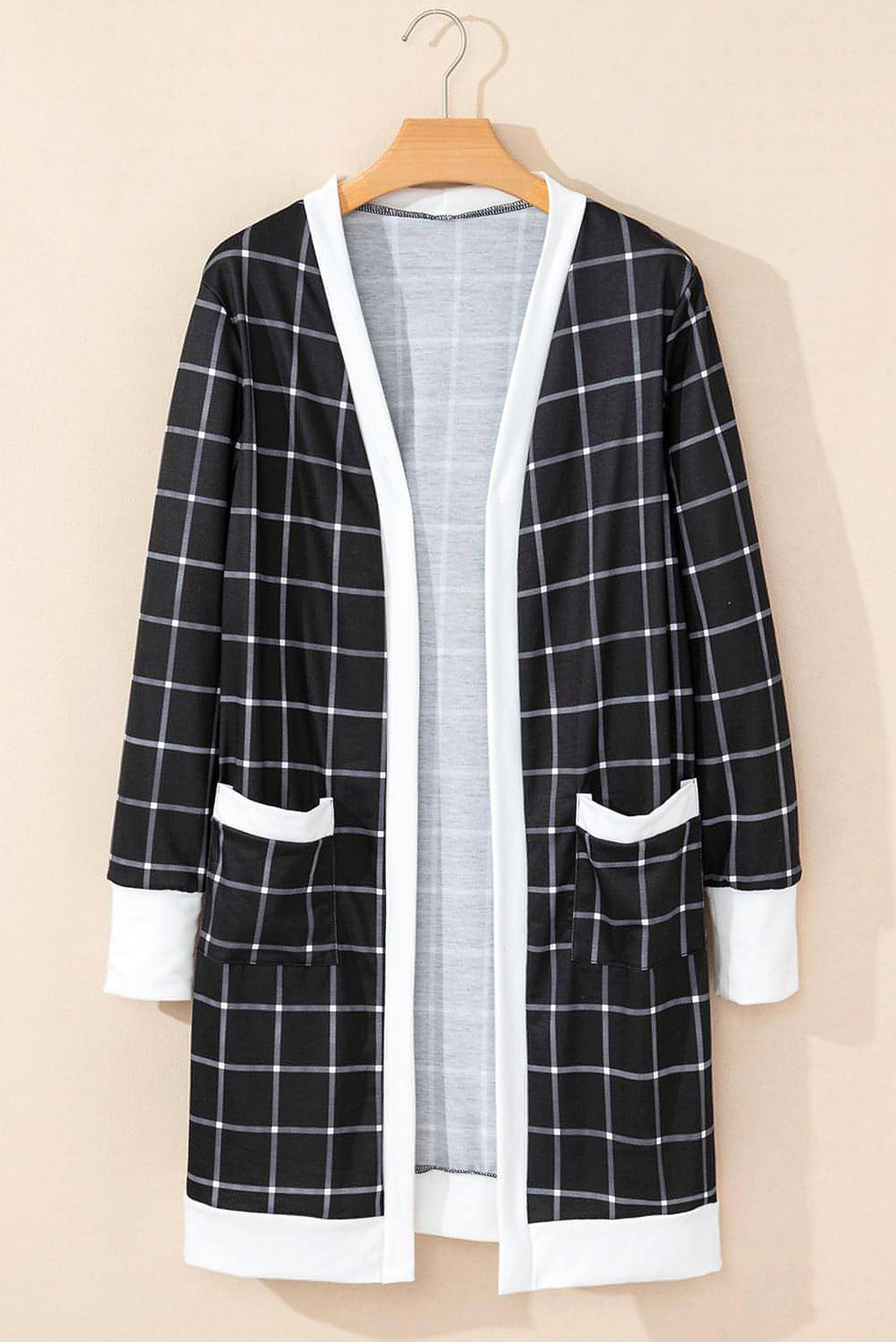 Black Plaid Colorblock Edge Open Cardigan with Pocket - enhanced image 6