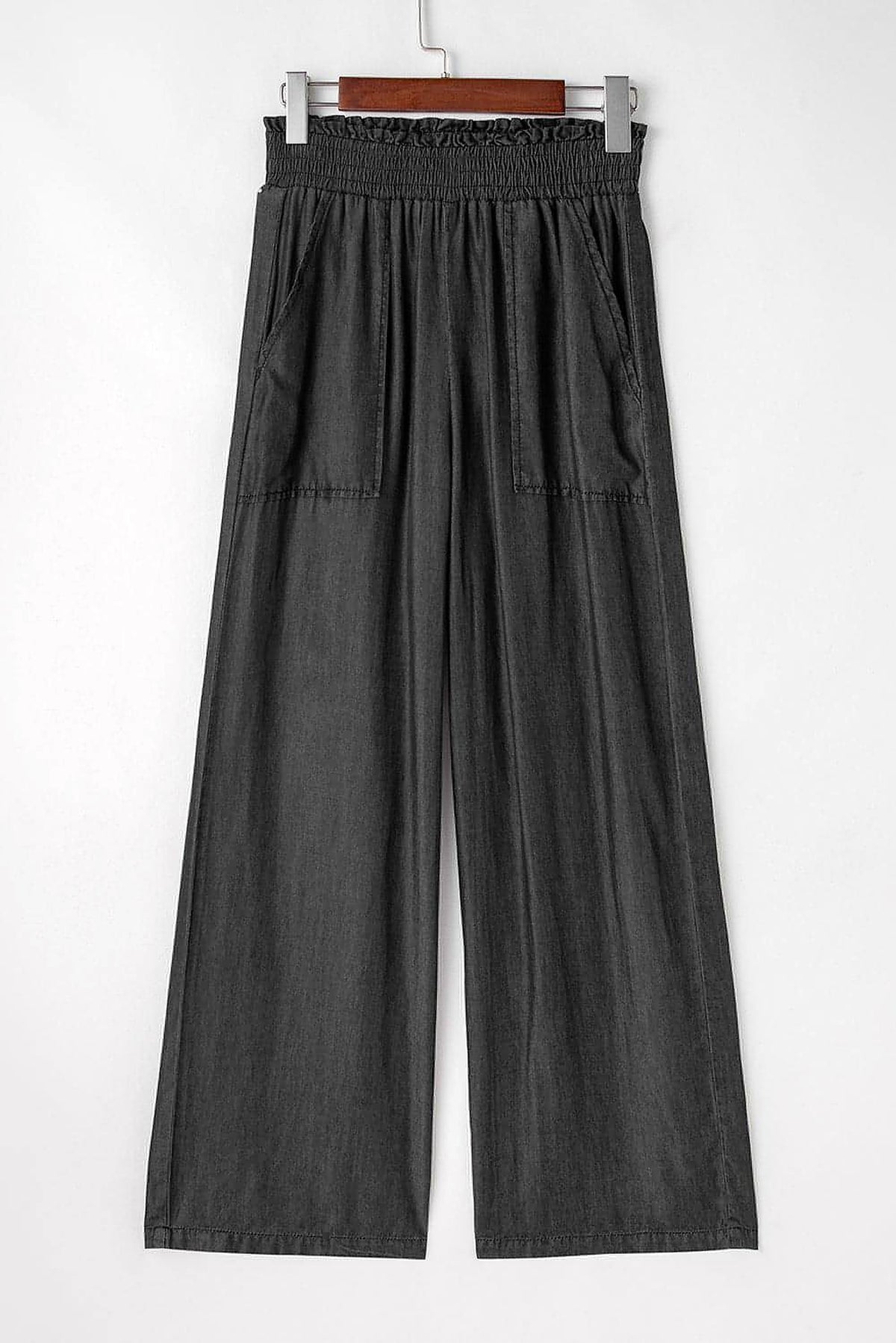 Black Side Pockets Frilled Smocked High Waist Wide Leg Jeans - enhanced image 6