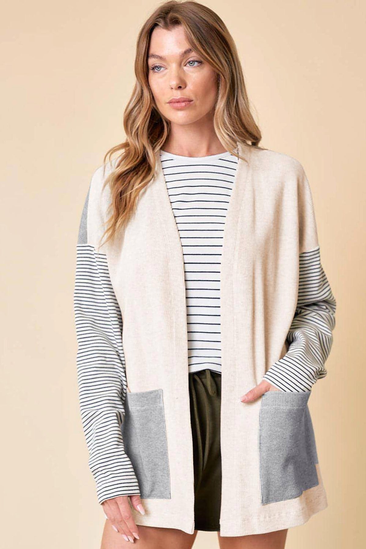 Black Stripe Colorblock Patchwork Open Front Cardigan with Pocket - enhanced image 6