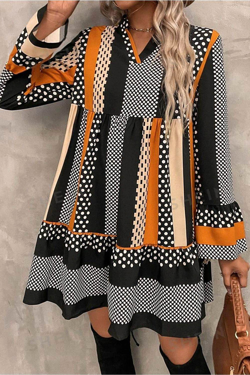 Black Striped Polka Dot Print Ruffled Hem V Neck Mini Dress - enhanced image 6