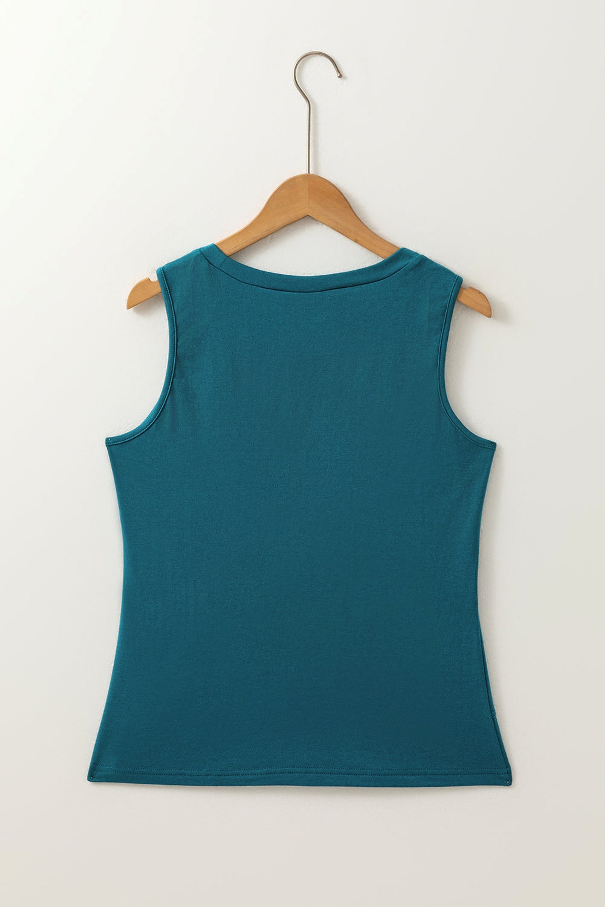 Blue Sapphire Solid Color Stitching Detail Round Neck Tank Top - enhanced image 6