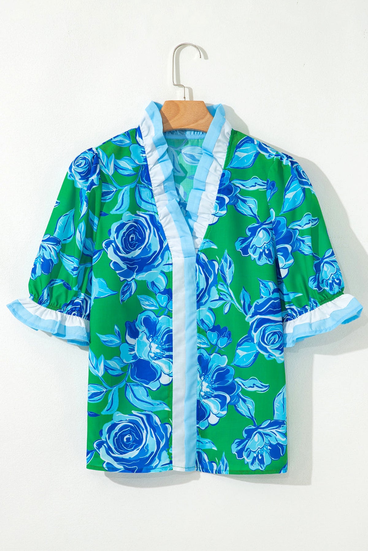 Bright Green Floral Frilled V Neck Short Sleeve Blouse Top - enhanced image 6