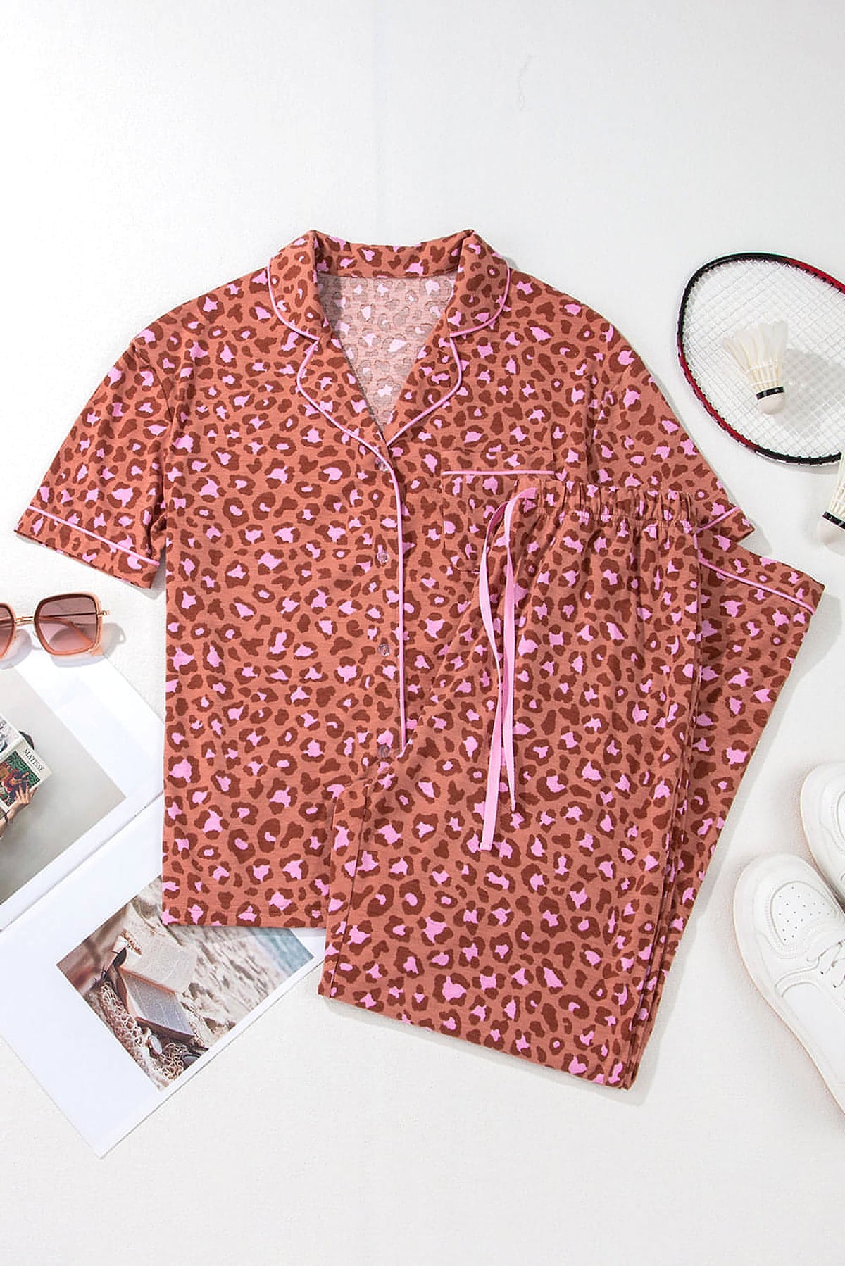Brown Leopard Print Short Sleeve Shirt and Pants Pajamas Set - enhanced image 6