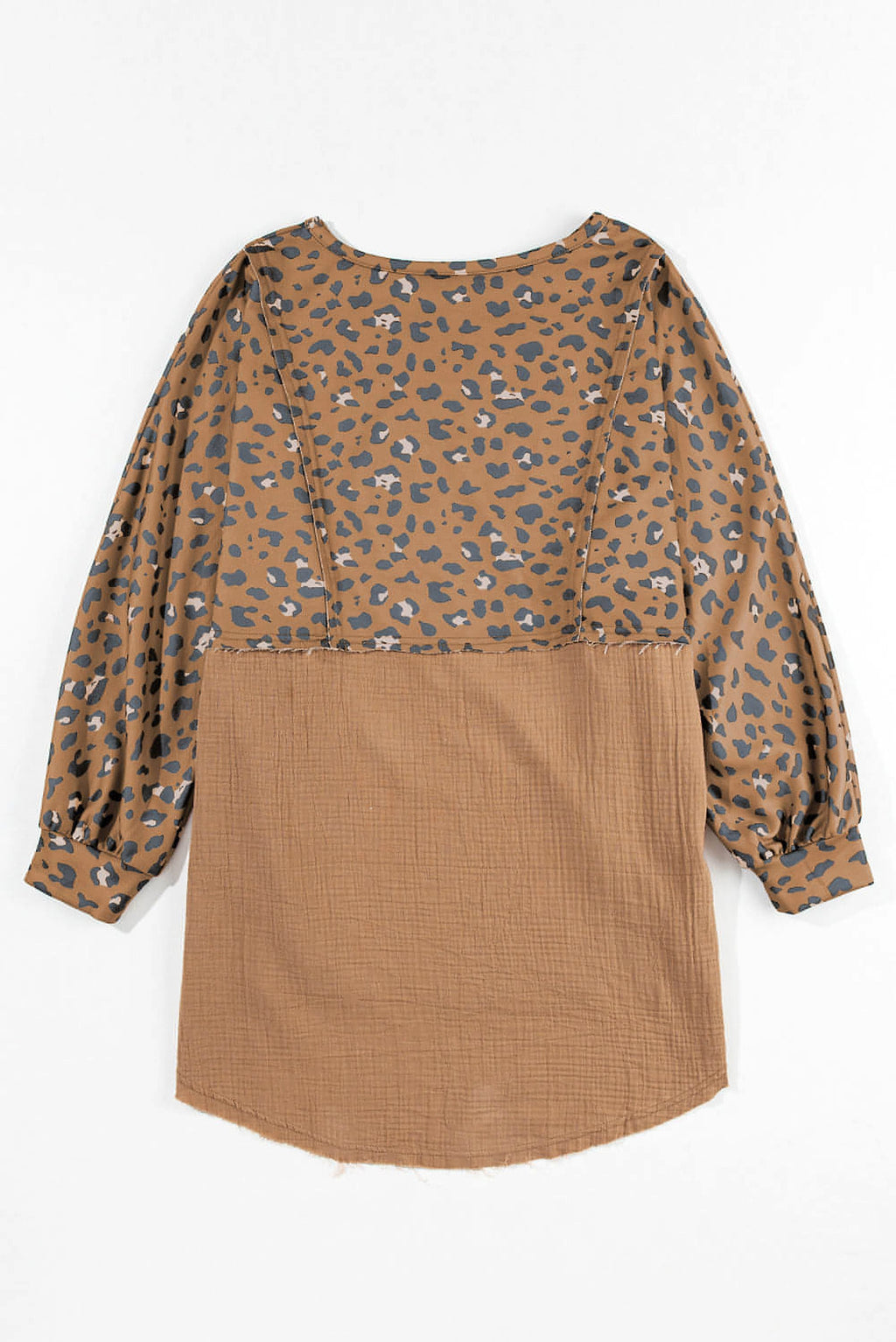 Brown Printed Raw Edge Leopard Patchwork Oversized Blouse - enhanced image 6