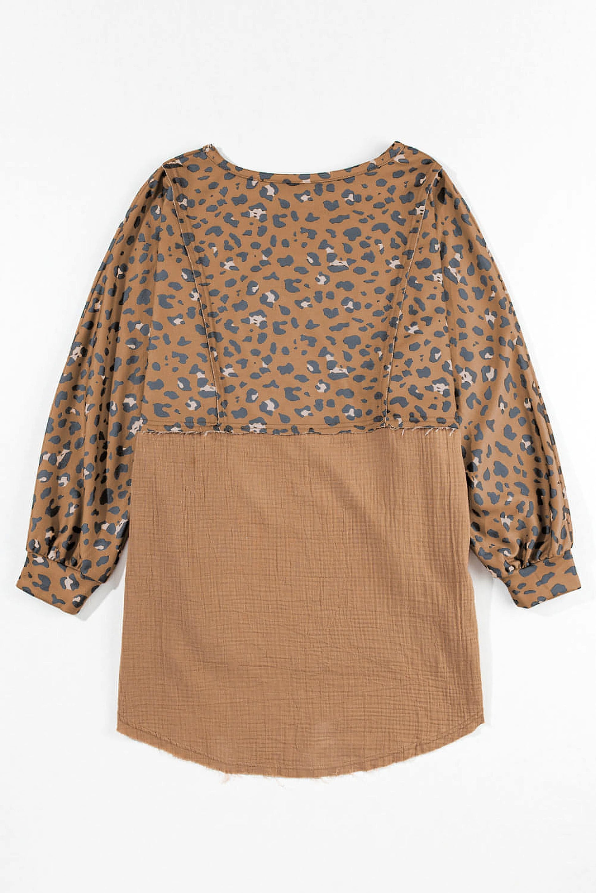 Brown Printed Raw Edge Leopard Patchwork Oversized Blouse - enhanced image 6